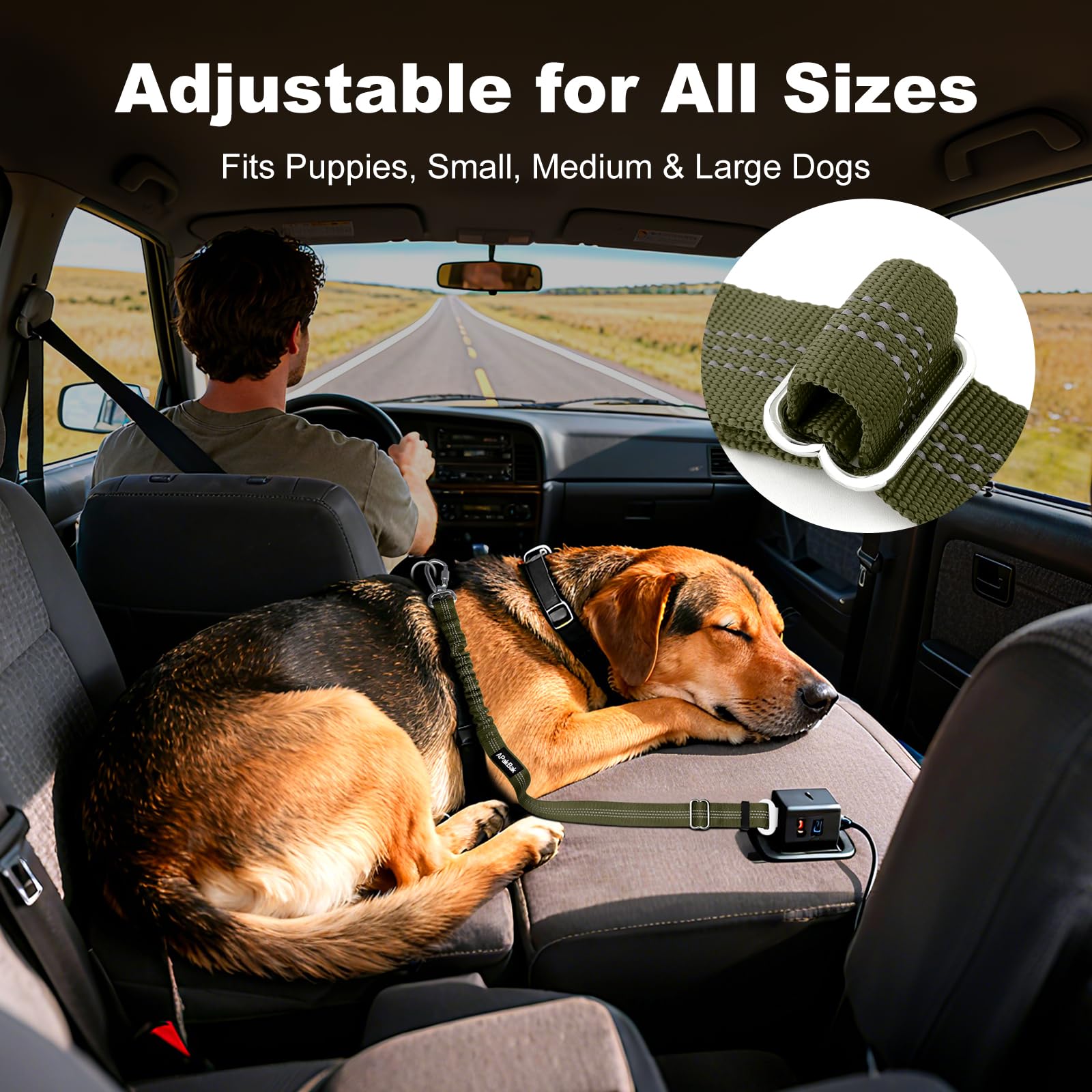APakBak Dog Seat Belt for Car, Adjustable Dog Car Harness Seatbelt for Small Medium Large Dogs, Heavy Duty Travel Safety Restraint with Locking Aluminum Hook & Reflective Nylon Strap, Ranger Green - image 4