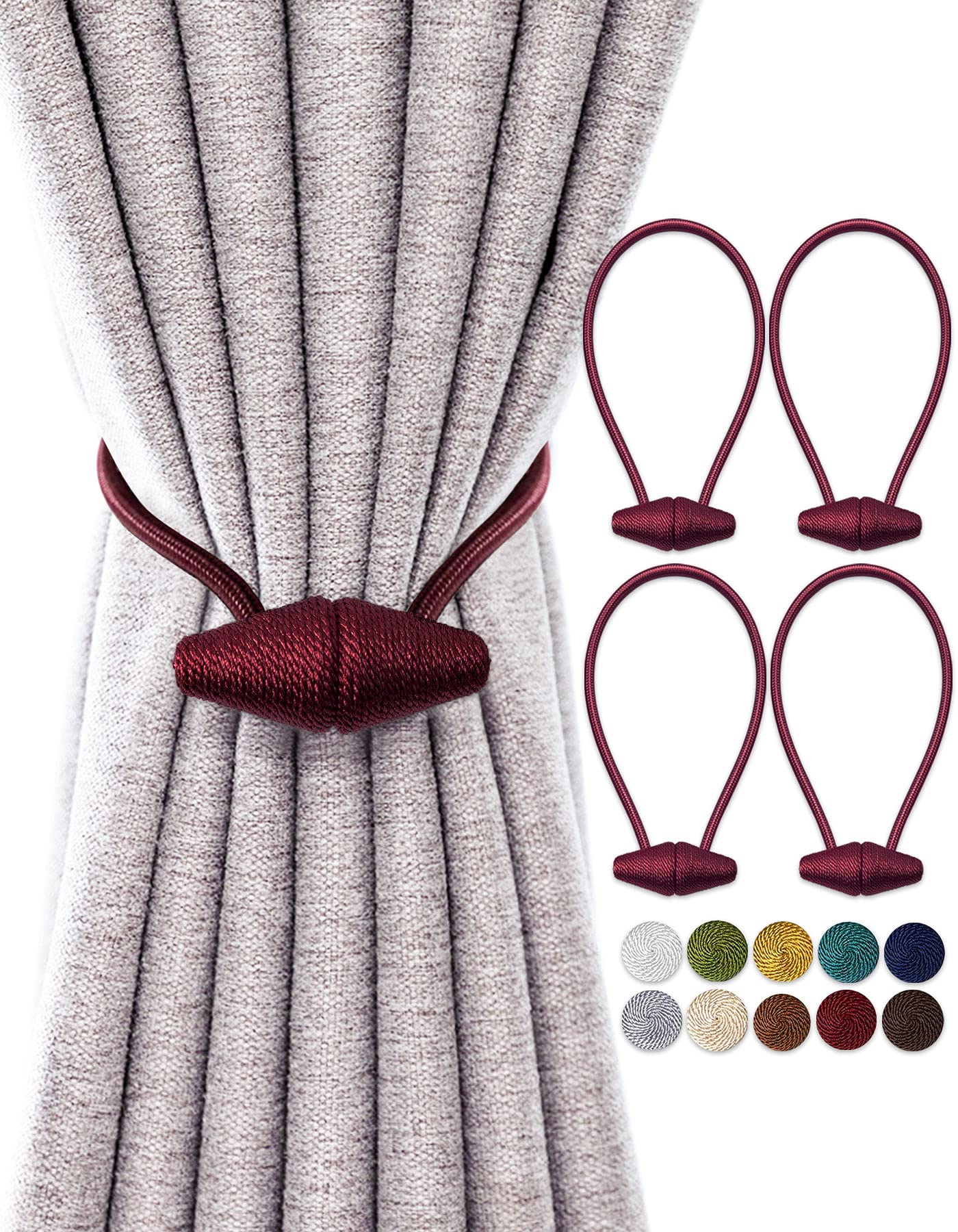 TECVINCI Magnetic Curtain Tiebacks with Upgrade Larger Magnet, 4 Pack 16 Inch Drapery Holdbacks for Indoor & Outdoor Curtain - Burgundy
