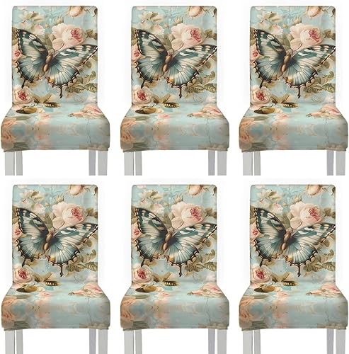 HUGS IDEA Juego de 6 fundas de asiento con diseño de mariposa para sillas de comedor, diseño de rosa vintage, extraíbles y lavables, fundas para