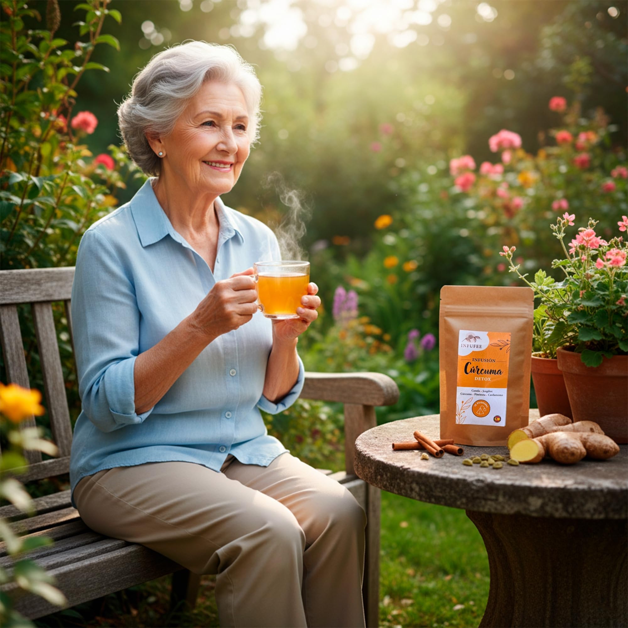 Infusión Detox de Cúrcuma y Jengibre - Té Antioxidante y Antiinflamatorio con Pimienta Negra, Canela y Cardamomo - Plan Adelgazante Natural 15 Dias- Infusión Sin Teína para Dieta Depurativa