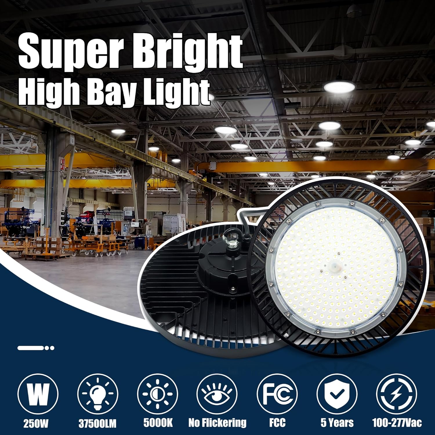 UFO LED High Bay Light 250W 12 Pack, 37500LM 5000K AC100-277V UFO High Bay LED Shop Light with Plug Alternative to 1000W MH/HPS for Garage Workshop Warehouse Factory Gym Barn.