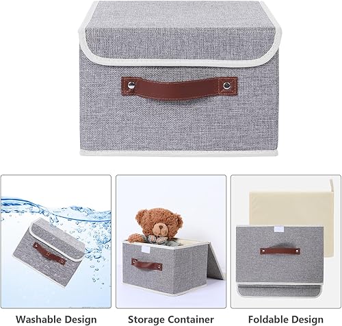 Miniatura 10 de Contenedores de almacenamiento plegables con tapas, caja de almacenamiento de tela de lino con asas de piel sintética, contenedor organizador