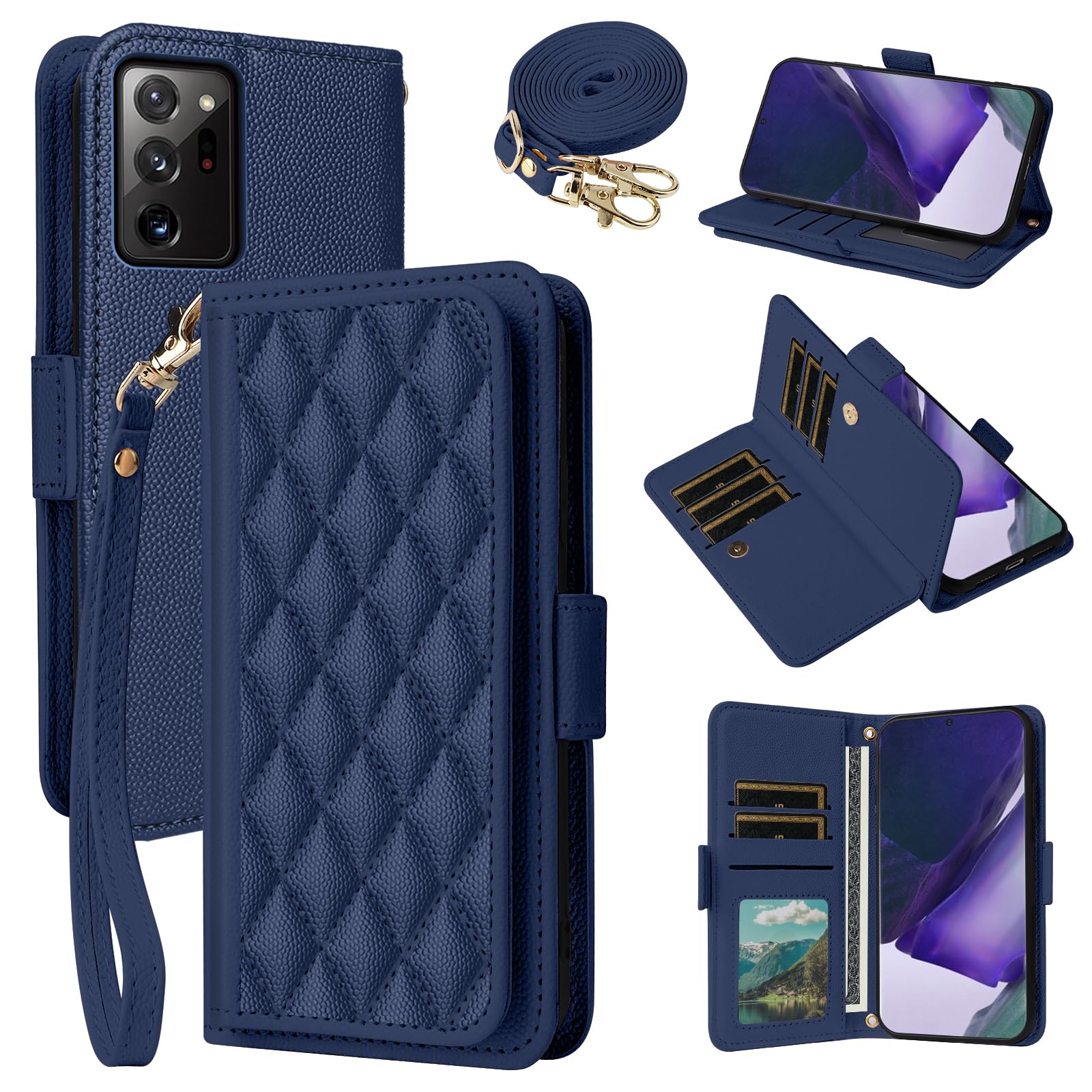 Dibosom for Samsung Galaxy Note 20 Ultra 5G Argyle Wallet Case with Wrist/Shoulder Strap Card Slots Flip Purse,Stand Phone Cover for Note20 Plus Notes