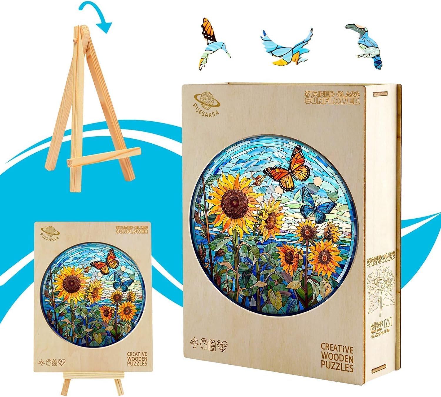 Wooden Puzzles for Adults - Glass Sunflower Wood Puzzle 600 Pieces, Unique Shaped Wooden Jigsaw Puzzles for Adults, Wood Puzzles Adult, Perfect for Birthday Gift, Family Puzzle, 17.3 * 17.3in, XL