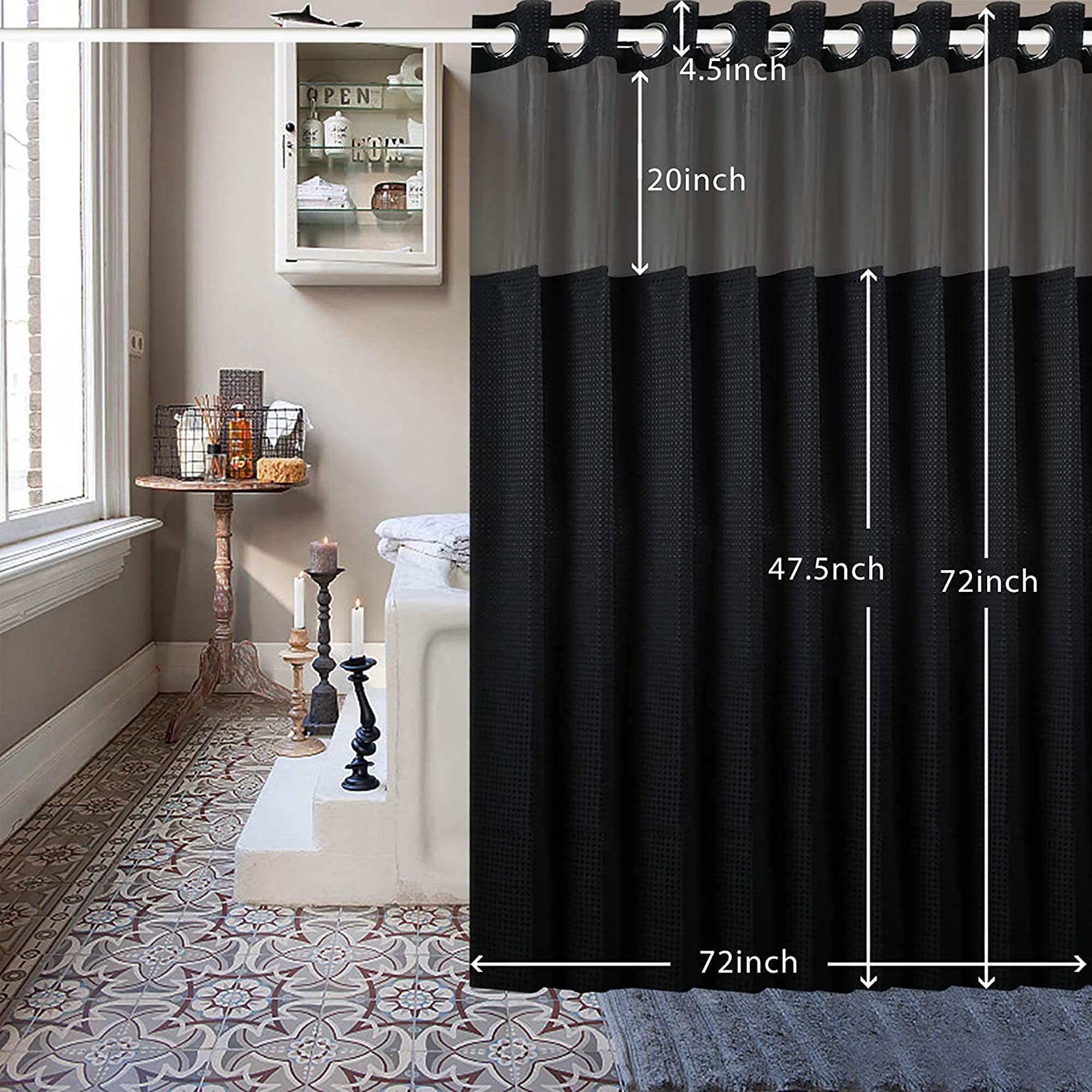 ARGIGU Rideau de douche à tissage gaufré sans crochets avec doublure à clipser Noir g