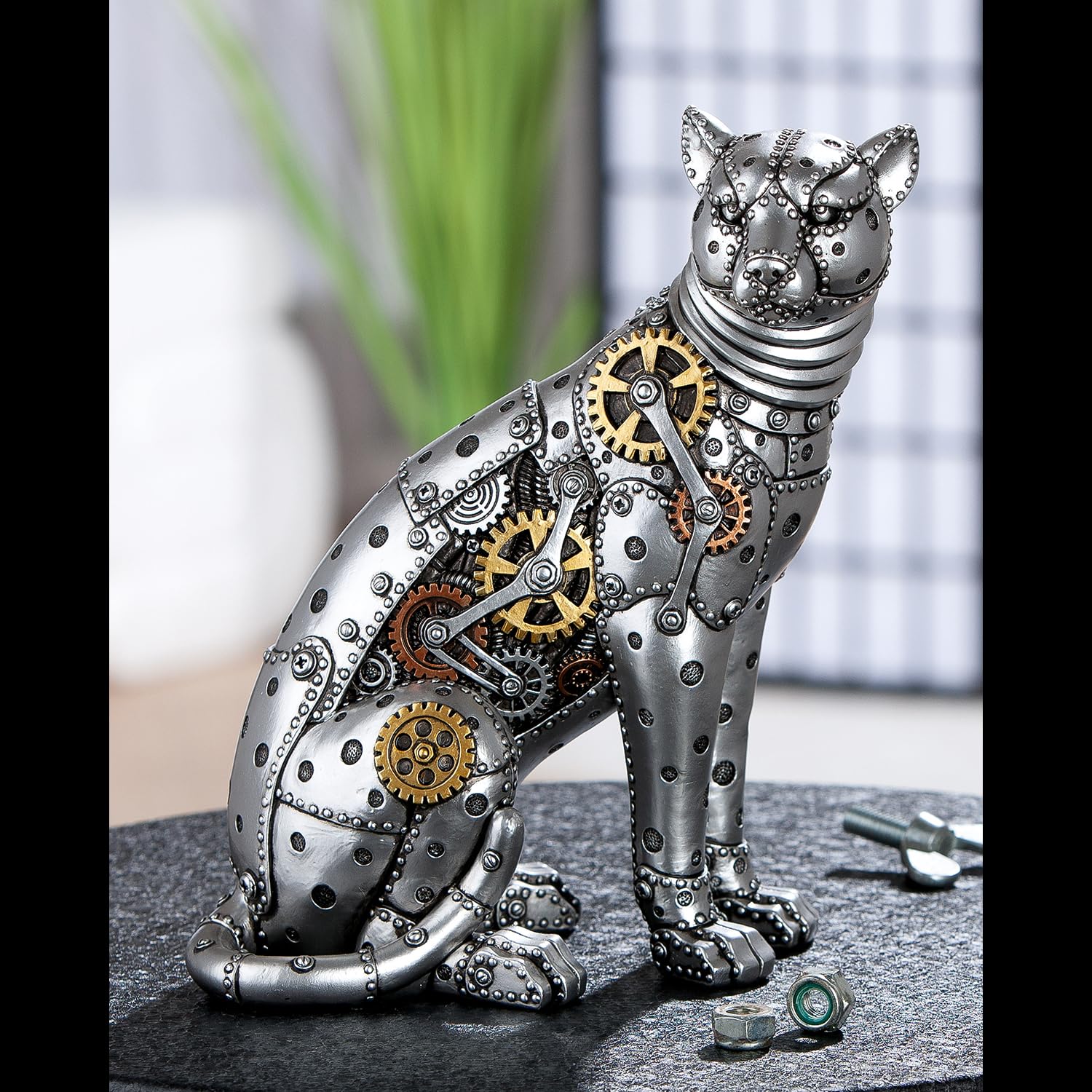 GILDE Steampunk - Figura de Leopardo (Resina, 25 x 19 cm), diseño de Engranajes, Color Plateado