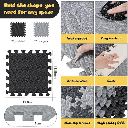 Miniatura 2 de Shihanee Tapetes de espuma para bebé, tapetes de juego a granel con bordes entrelazados para niños, sala de juegos, guardería, gimnasio (negro,