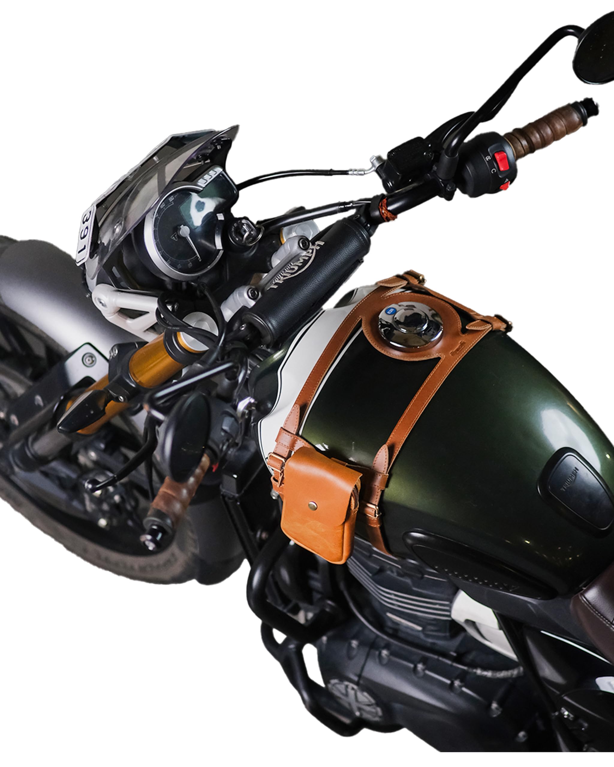 Genuine Leather Motorcycle Fuel Tank Straps Adjustable Horizontal Fuel Tank Belt - for Triumph Speed 400 & Scrambler 400 (Vintage Tan, With Pouch)