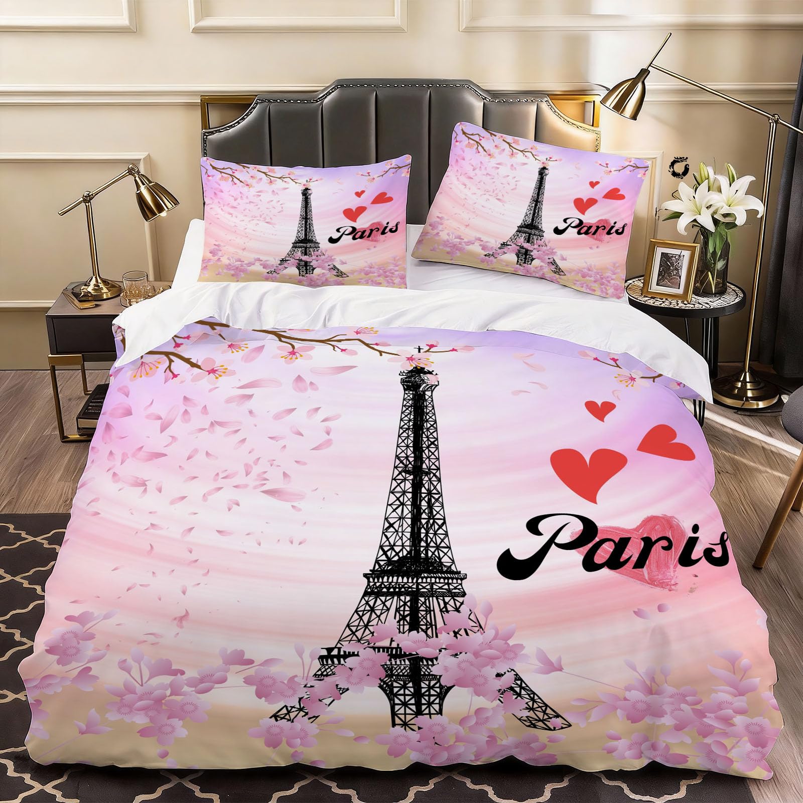 3D Eiffel Tower Duvet Cover Cartoon Bedding Bed Set king Size, Soft Microfiber Comforter Cover Printed with Zipper Closure Quilt Coverr 230x220 cm and 2 Pillowcases