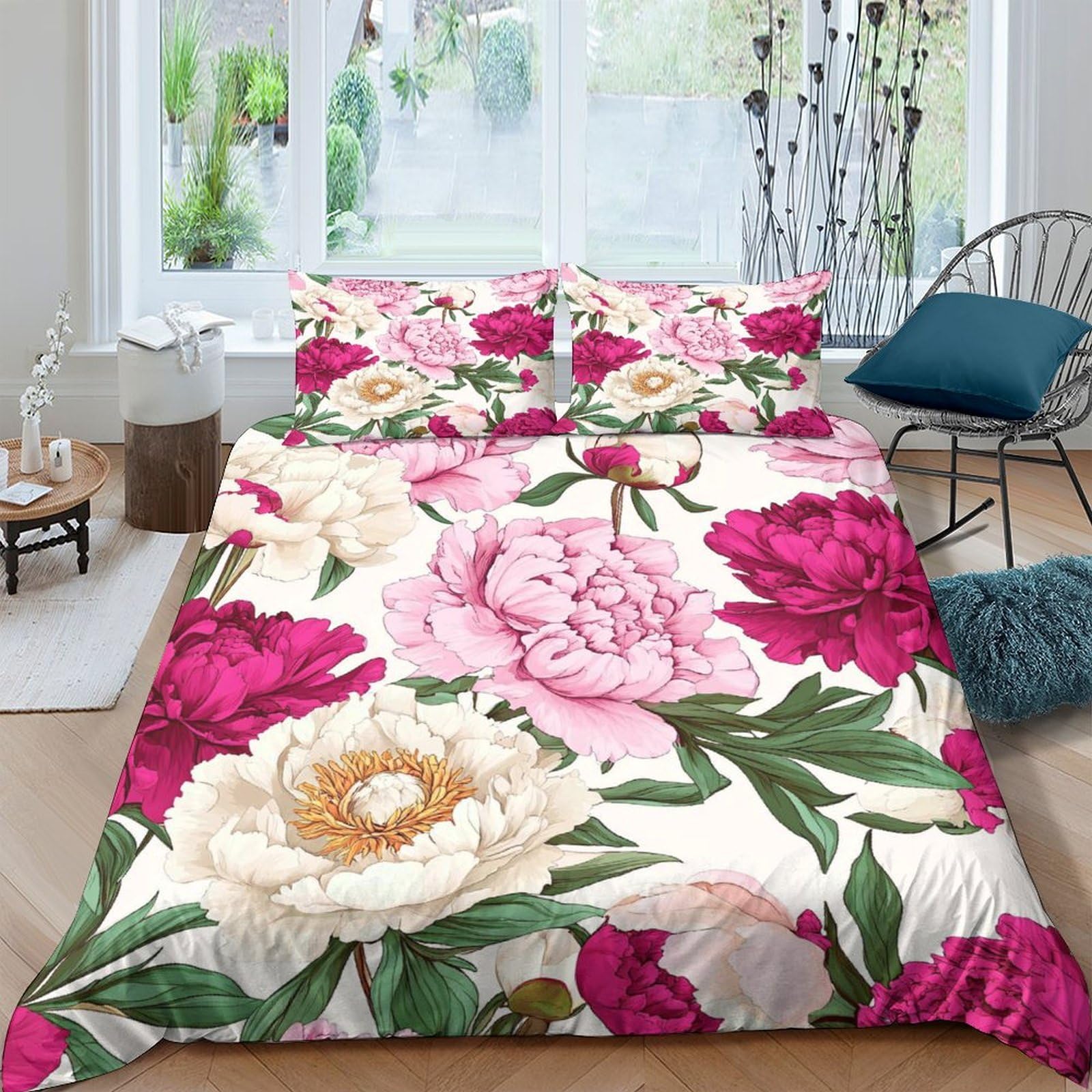 Ctjqhvkz Style-7 3D Printed Peony Floral Fitted Sheet Microfiber Soft Pink Red Mattress Cover For Bedroom Guest Room Dustproof Single（135X200cm）