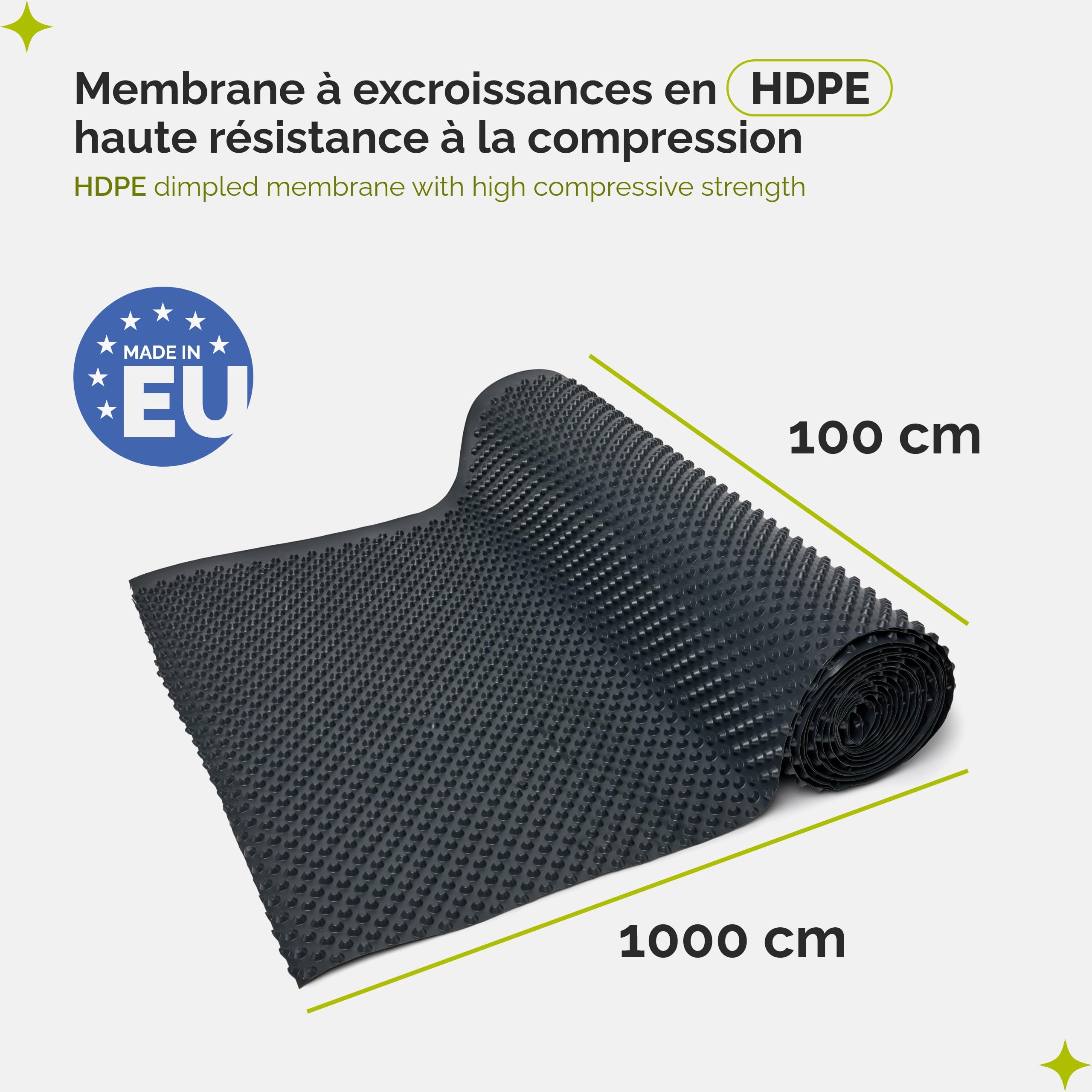 Garronda membrane à picots HDPE 400 g/m² - Film de drainage et étanchéité - Protection murs enterrés, fondations, jardin surélevé - 1 m × 10 m GD-0160