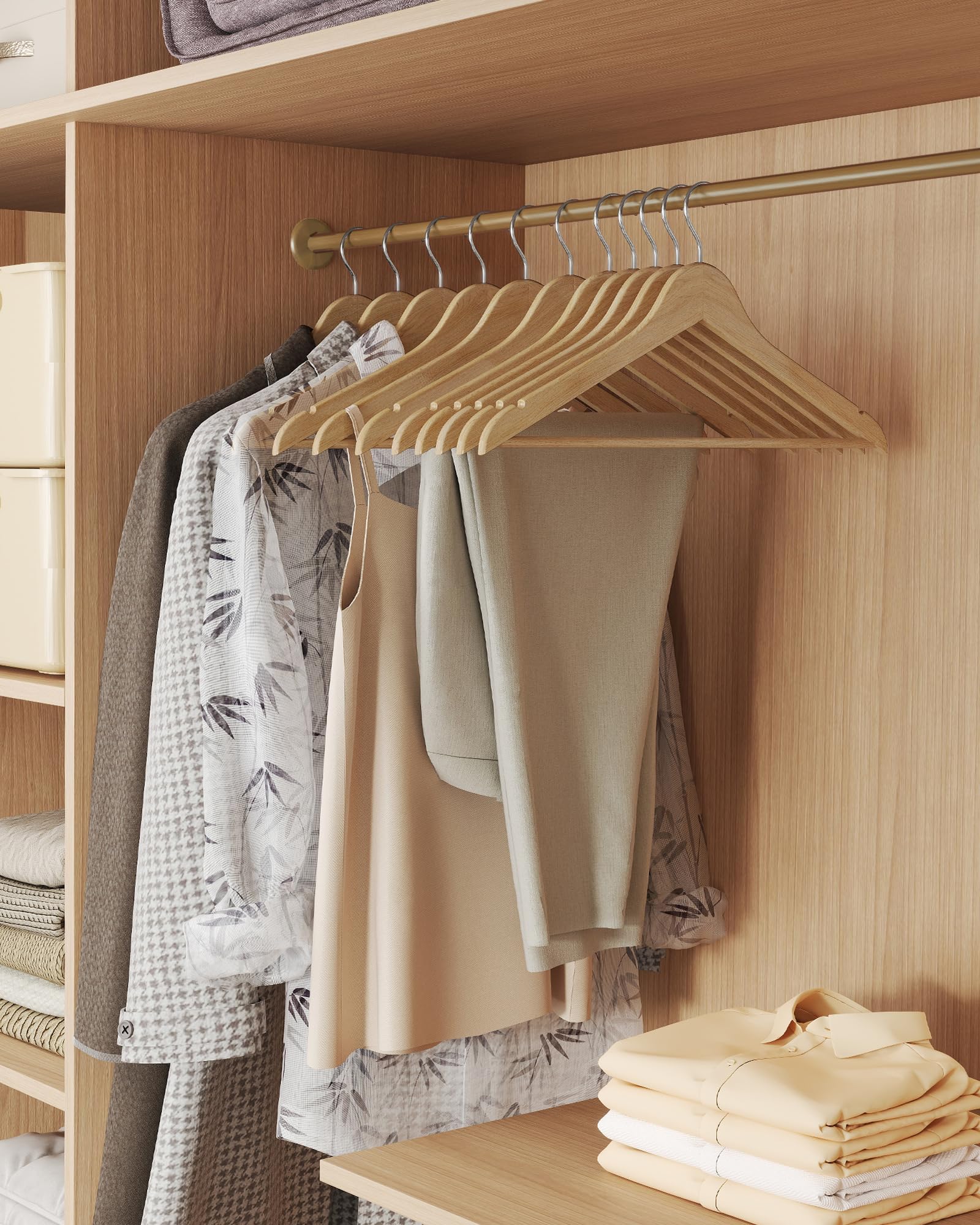 SONGMICS Grucce Appendiabiti Legno, 20 Pezzi, Appendini, Salvaspazio, Scanalature su Spalle, Gancio Girevole a 360°, Legno di Betulla, per Pantaloni Giacche, Beige Naturale CRW040K01