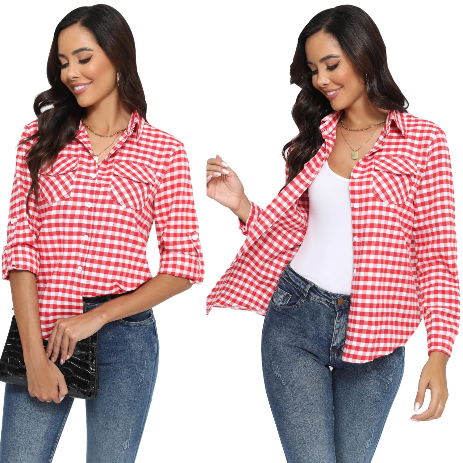 Chemisier Carreaux 100% Coton Femme Chemise Bucheron Western T Shirt Casual Décontractée Classique Retro Ecossaise Flanelle Blouse Gilet Vintage