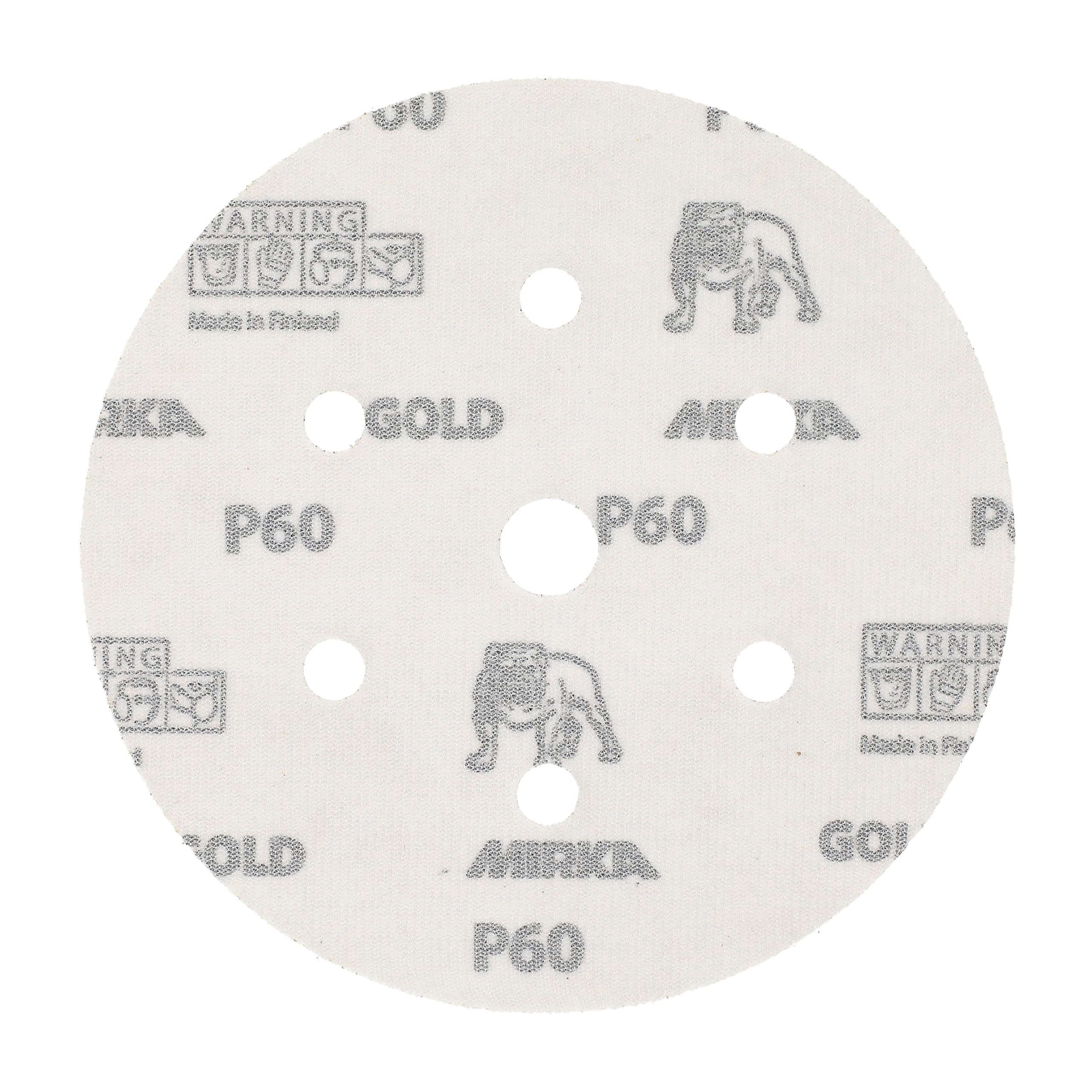 Mirka Gold Papel de lija universal Ø 150mm Velcro 7 agujeros, grano P60, 50 piezas / Para lijar yeso, masilla, aglomerado, madera, barniz