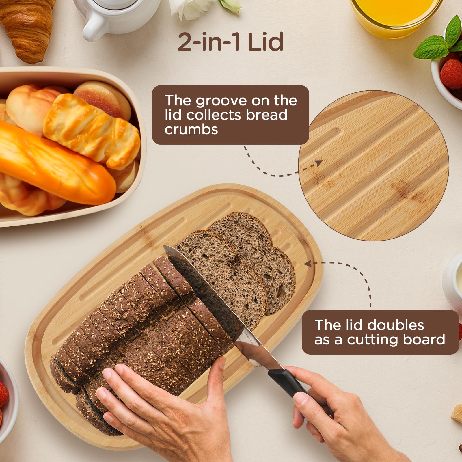 VINATO Scatola per Pane in Plastica con Coperchio in Bambù, 6L - Portapane con Sacchetto in Cotone, Bread Box