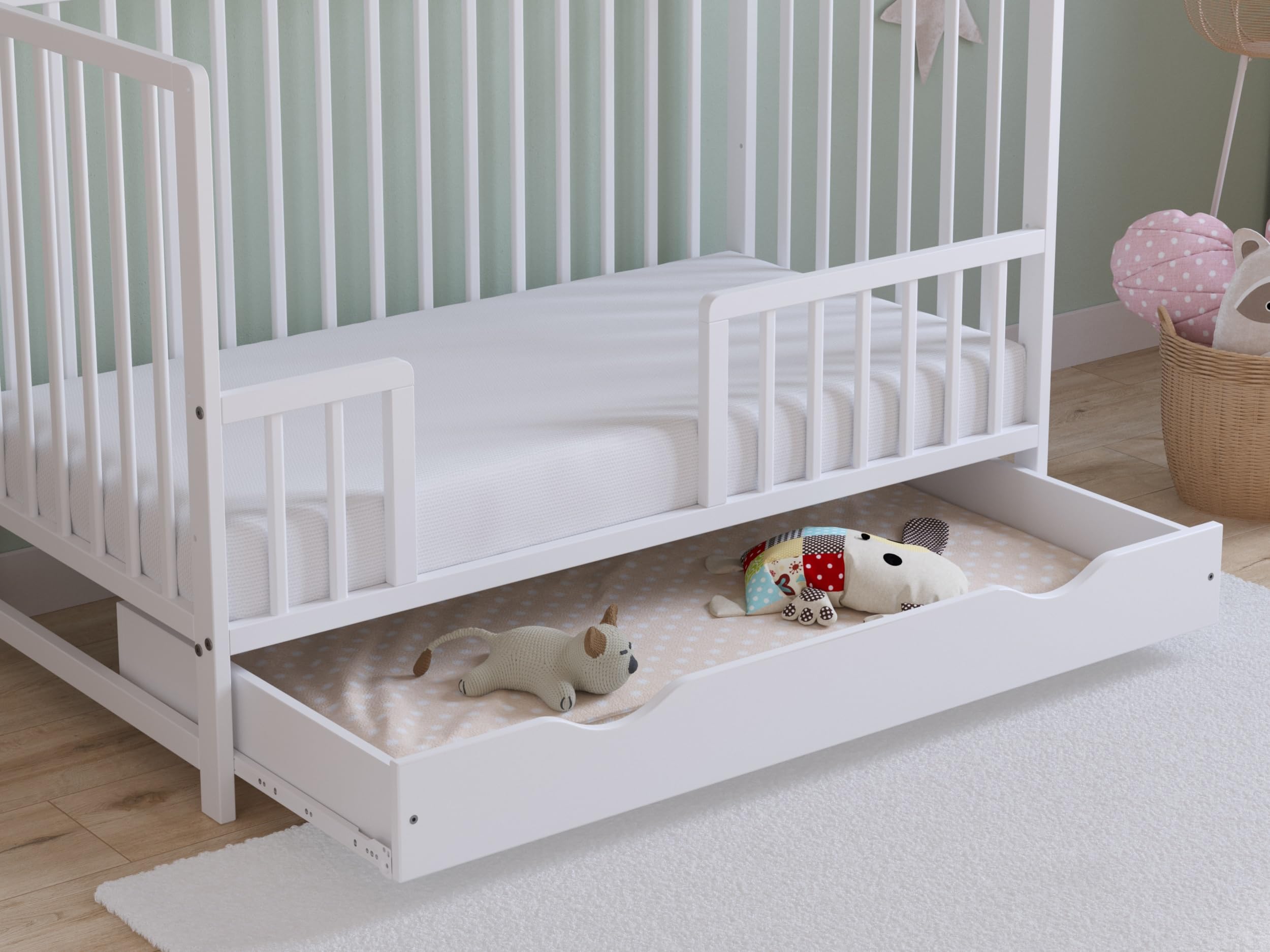 Love For Sleep Asher Cuna para Bebé 120x60 cm con Colchón de Espuma de Microfibra Acolchada – Cama Infantil de Madera Convertible en Cama para Niño con Cajón Grande y Barandilla Blanco