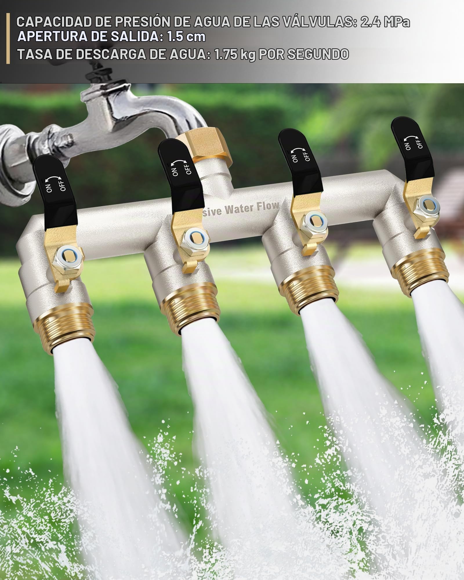 Distribuidor de 4 vías, distribuidor de agua de 4 vías, distribuidor de agua de 4 vías, distribuidor de agua de 3/4 pulgadas, niquelado macizo de gran flujo de jardín, mango de metal extendido (negro)