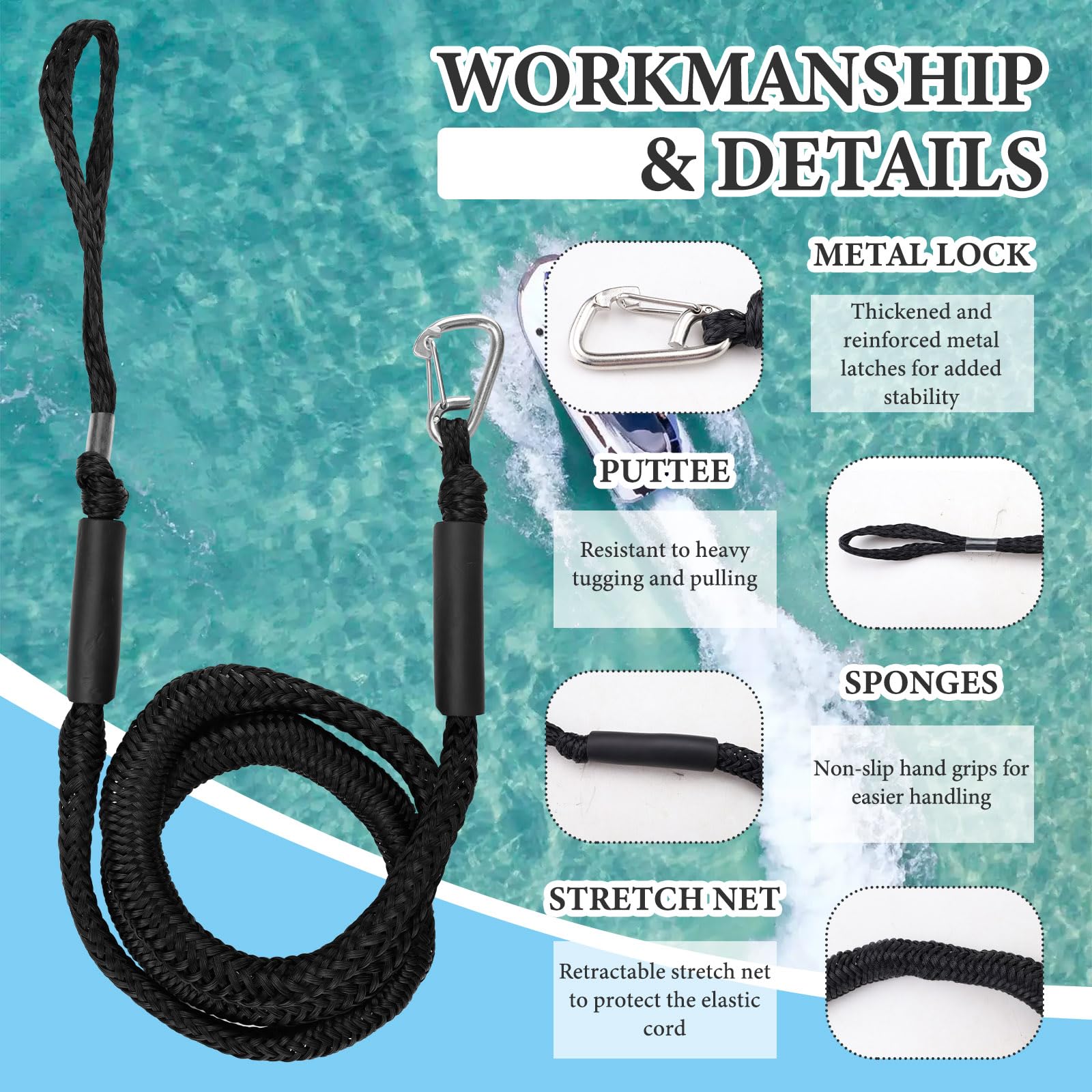 2 cavi di ancoraggio elastici per barche da 1,2 m, con clip e anello in acciaio inossidabile, corda di ancoraggio elastica regolabile, corda di ormeggio resistente per PWC, kayak, jet ski