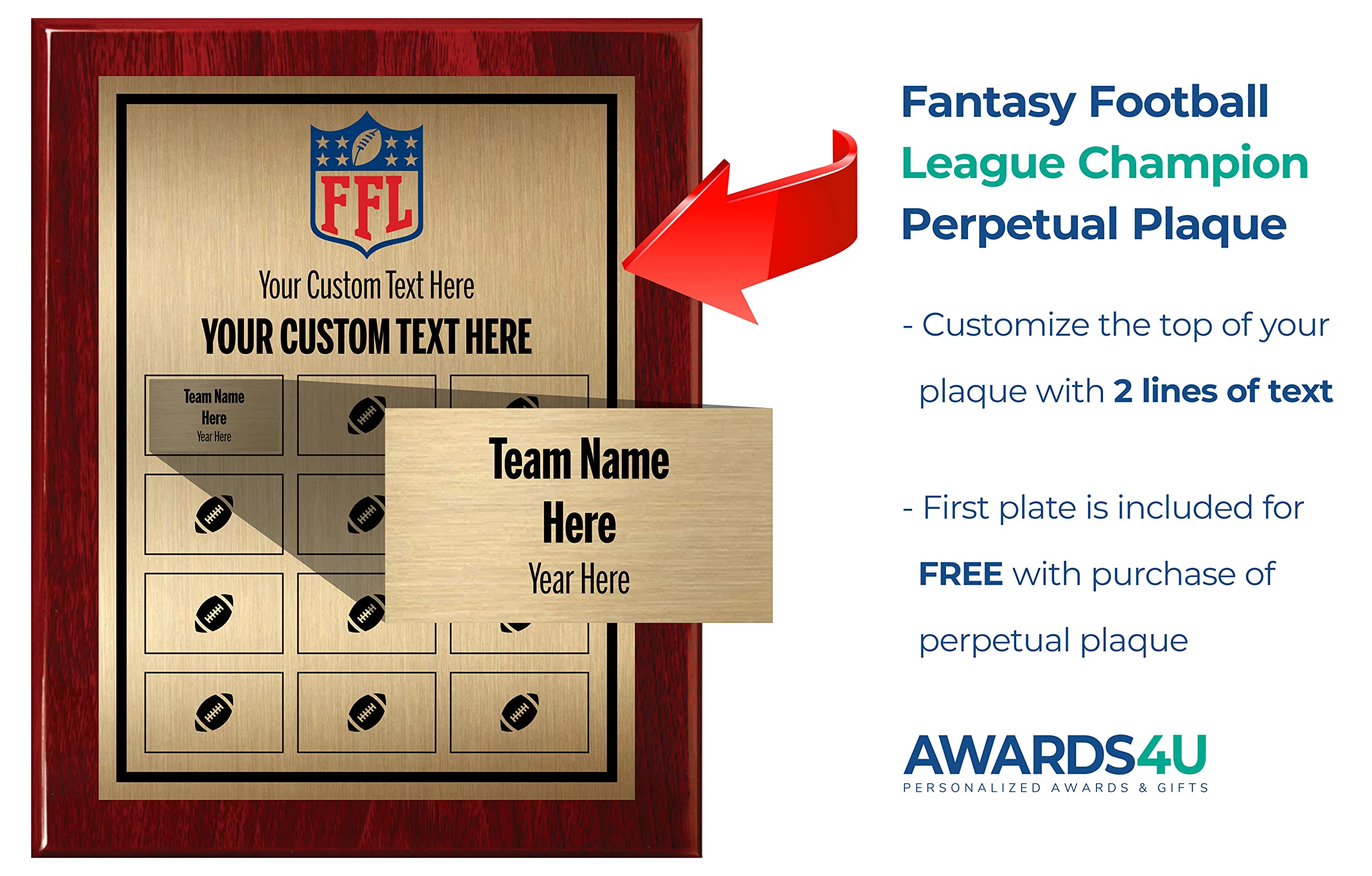 Fantasy Football Plaque with Customizable Plates - Perpetual League Trophy Personalized with Add on Plates - FFL Award for Winner - Customize Now! (Single Plate Only - Small Plate)