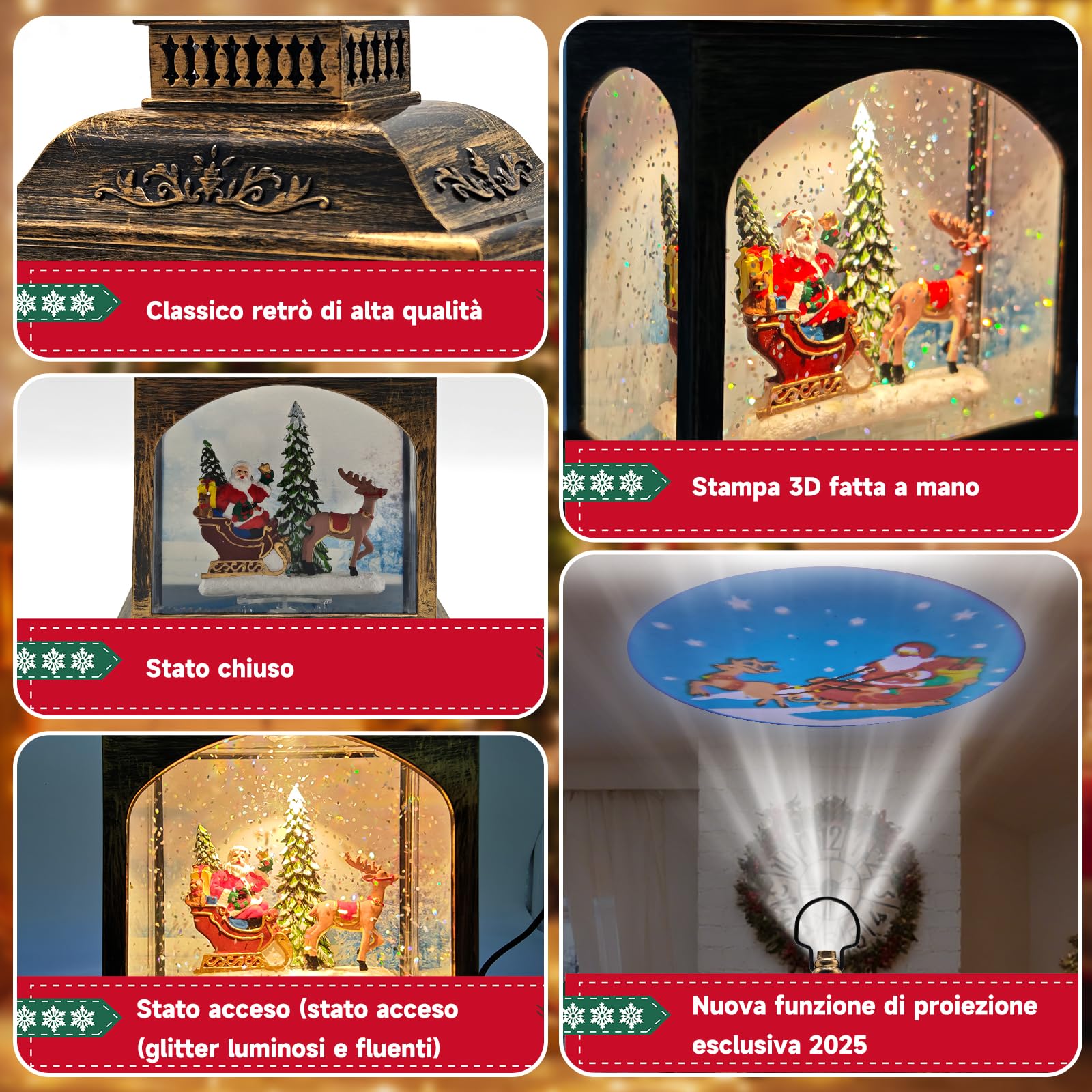 Lanterna di Natale,natale decorazioni casa,Palle di vetro natalizie Globi con Musica,Proiezione,Timer,Glitterata Neve - 3AA Batteria/USB – Decorazione Natalizia 2026 per Casa e Tavolo,regali di natale