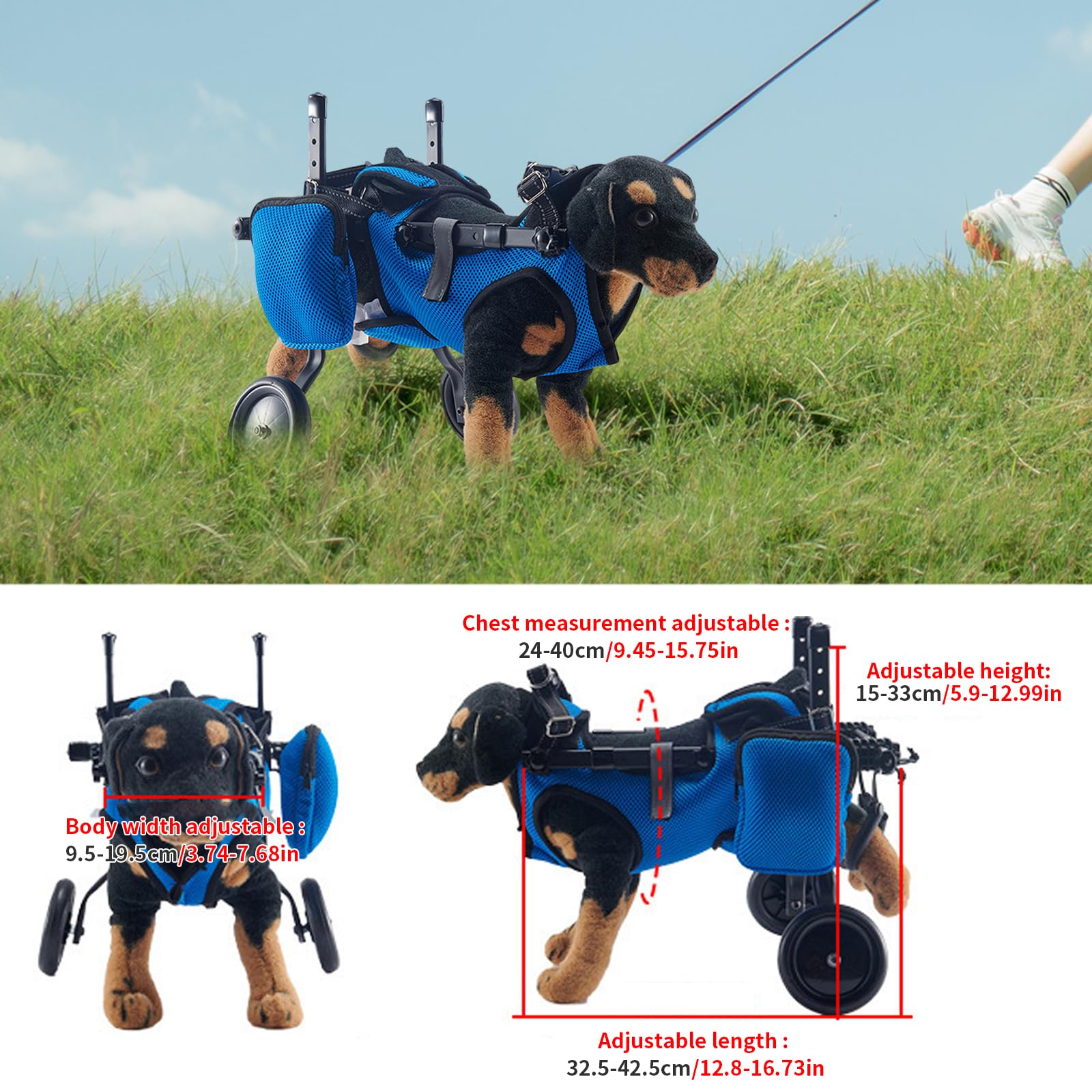 Silla de ruedas para patas traseras, ayuda a la curación, silla de ruedas ajustable de 2 ruedas para pequeños heridos, discapacitados, paralíticos o débiles en las patas traseras (azul, S)