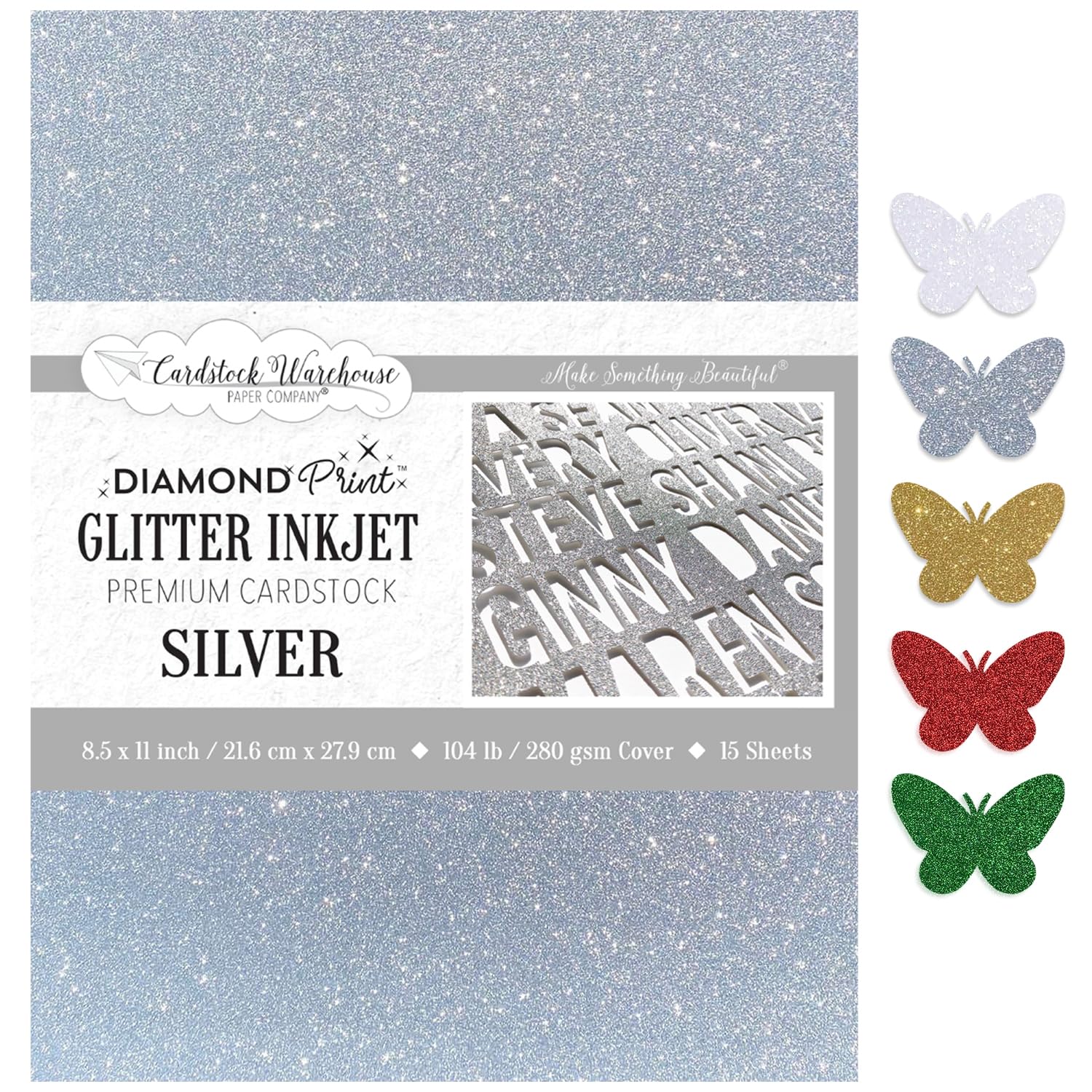 Cardstock Warehouse Diamond Print Inkjet Glitter-Premium Silver Glitter Cardstock Paper – 15 Sheets, 8.5 x 11" - 104 lb/280 GSM for Inkjet Printing,