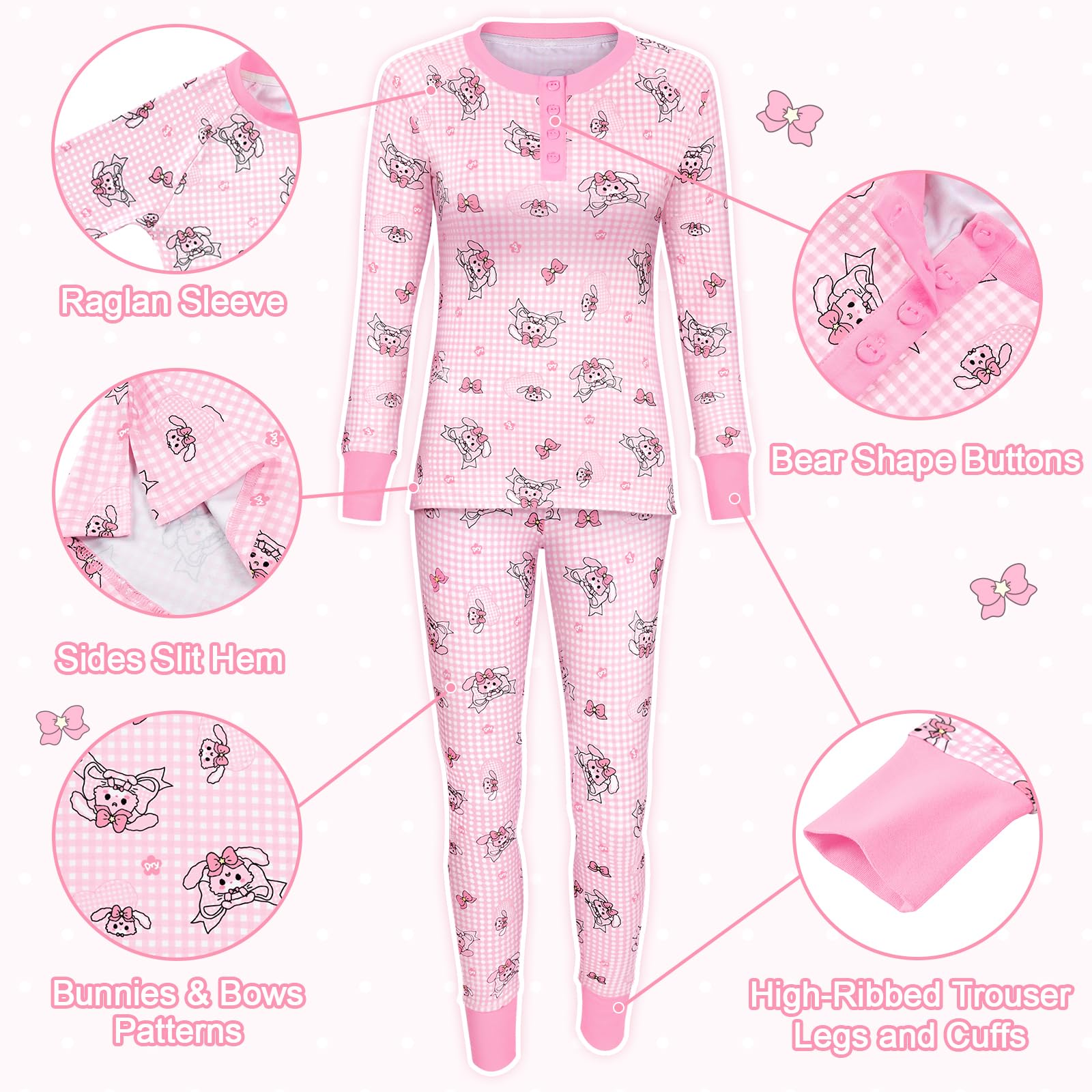 LittleForBig Conjunto de pijama sedoso de manga larga para mujer, acogedor, transpirable, conejitos y lazos, ropa de dormir de dos piezas, suave y elástica