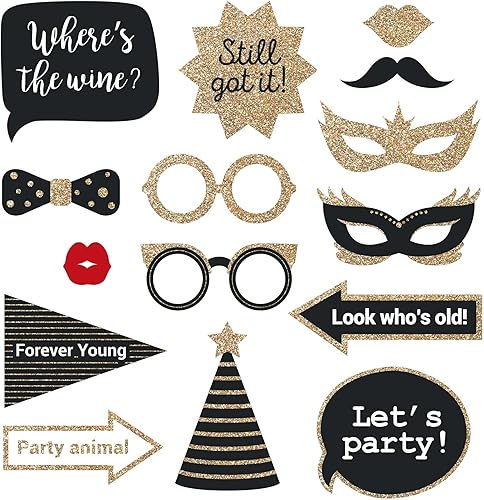 Miniatura 5 de Accesorios para cabina de fotos de cumpleaños totalmente ensamblados. Juego de caja de 30 piezas de suministros y decoraciones para selfies negros y