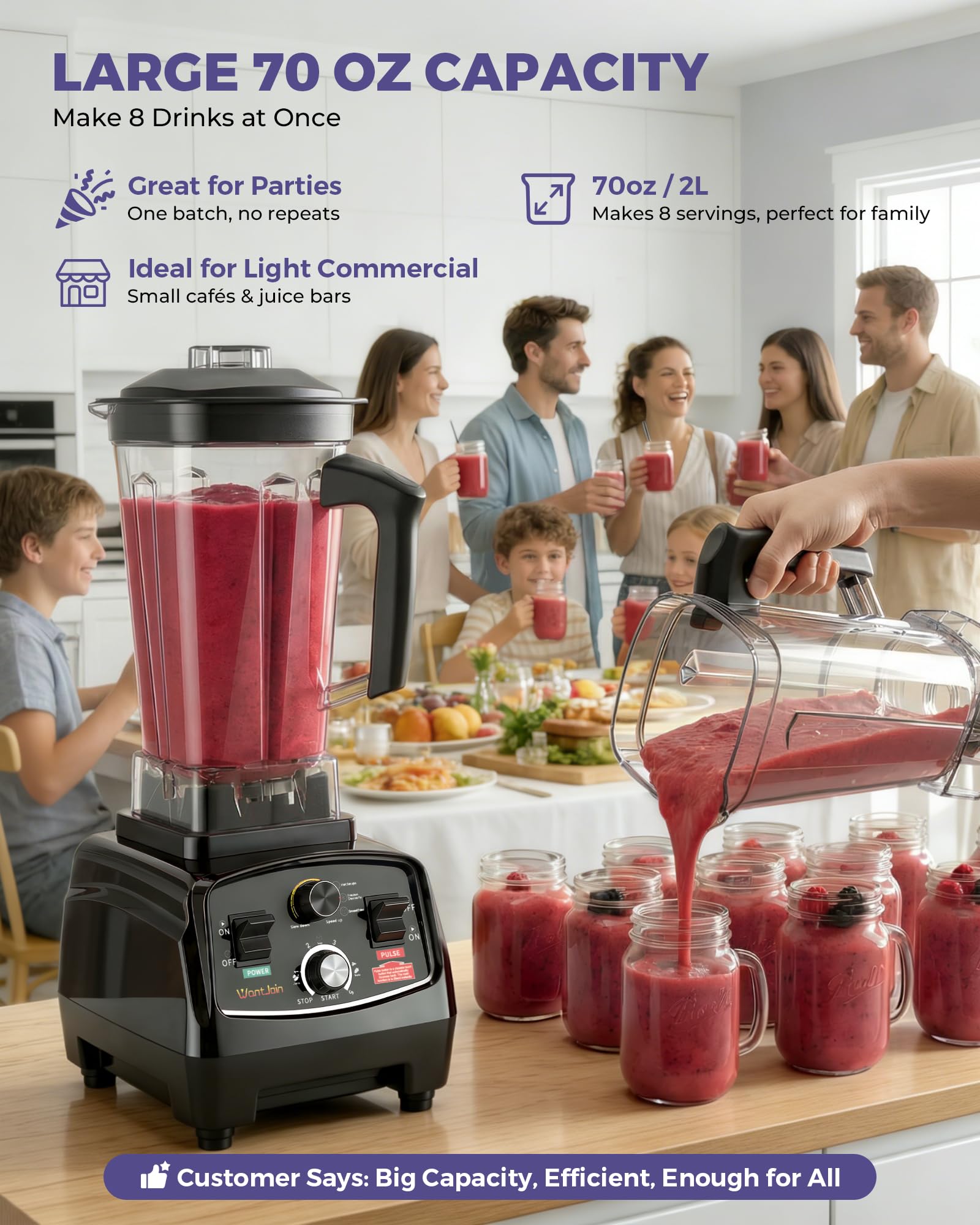 WantJoin Hochleistungsmixer 1800W | 2000ml Smoothie Maker für Gastronomie & Haushalt, ETL-geprüfter Standmixer mit Timer, Eiscrusher für Frozen Dessert, Suppe & Fisch