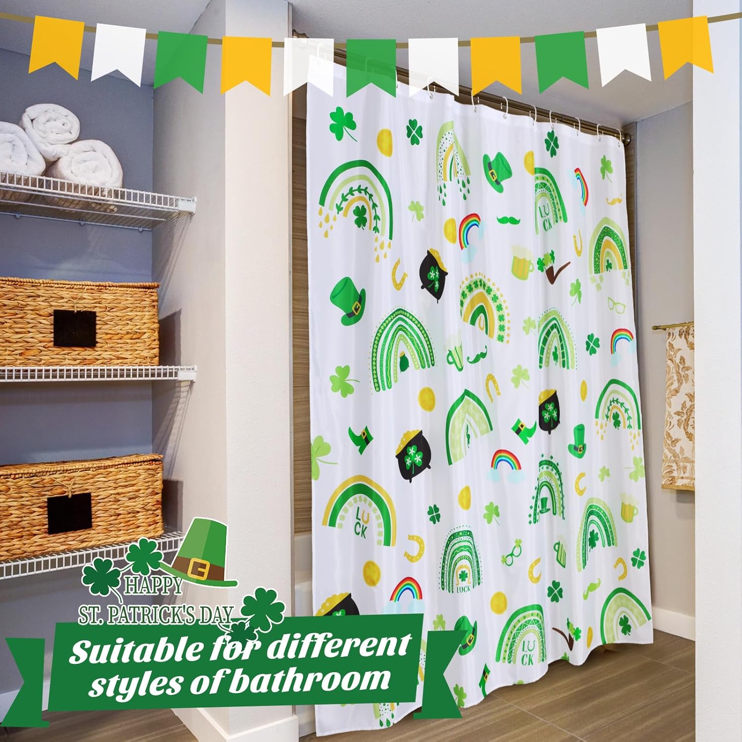 Remerry 3 Pcs Easter Shower Curtain for Bathroom Decor with Hooks St Patrick's Day Valentine's Day Holiday Shower Curtains Set,71 x 71 Inch,Waterproof Fabric Bathtub Bathroom Decor(Rainbow Style)