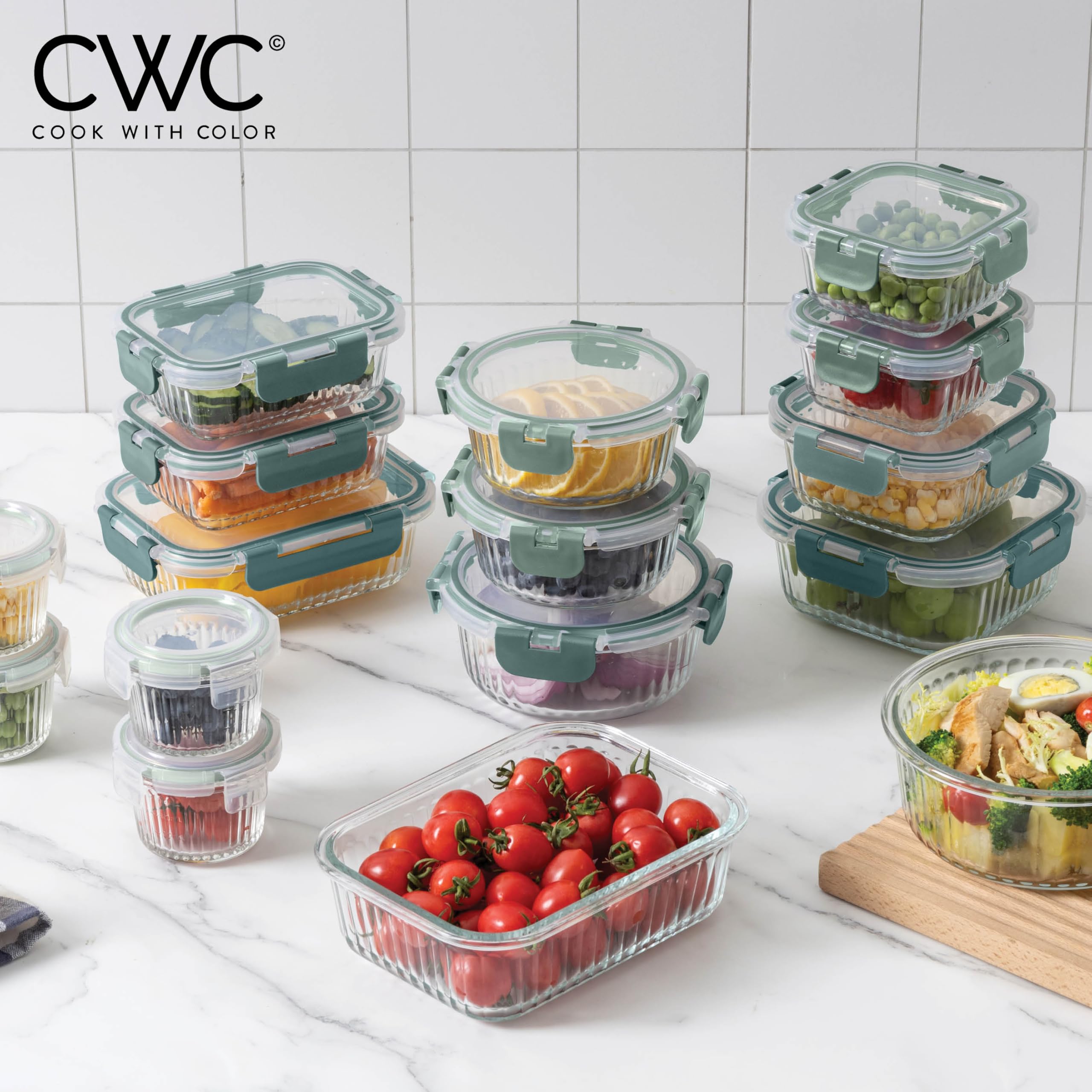 Amazon.com: COOK WITH COLOR Premium 32-Pc. Borosilicate Glass Food Container  Set with Dividers - 4 Rectangles, 8 Rounds, 4 Squares - Leakproof Lids -  Meal Prep, Storage, Fluted Ombre Green: Home & Kitchen