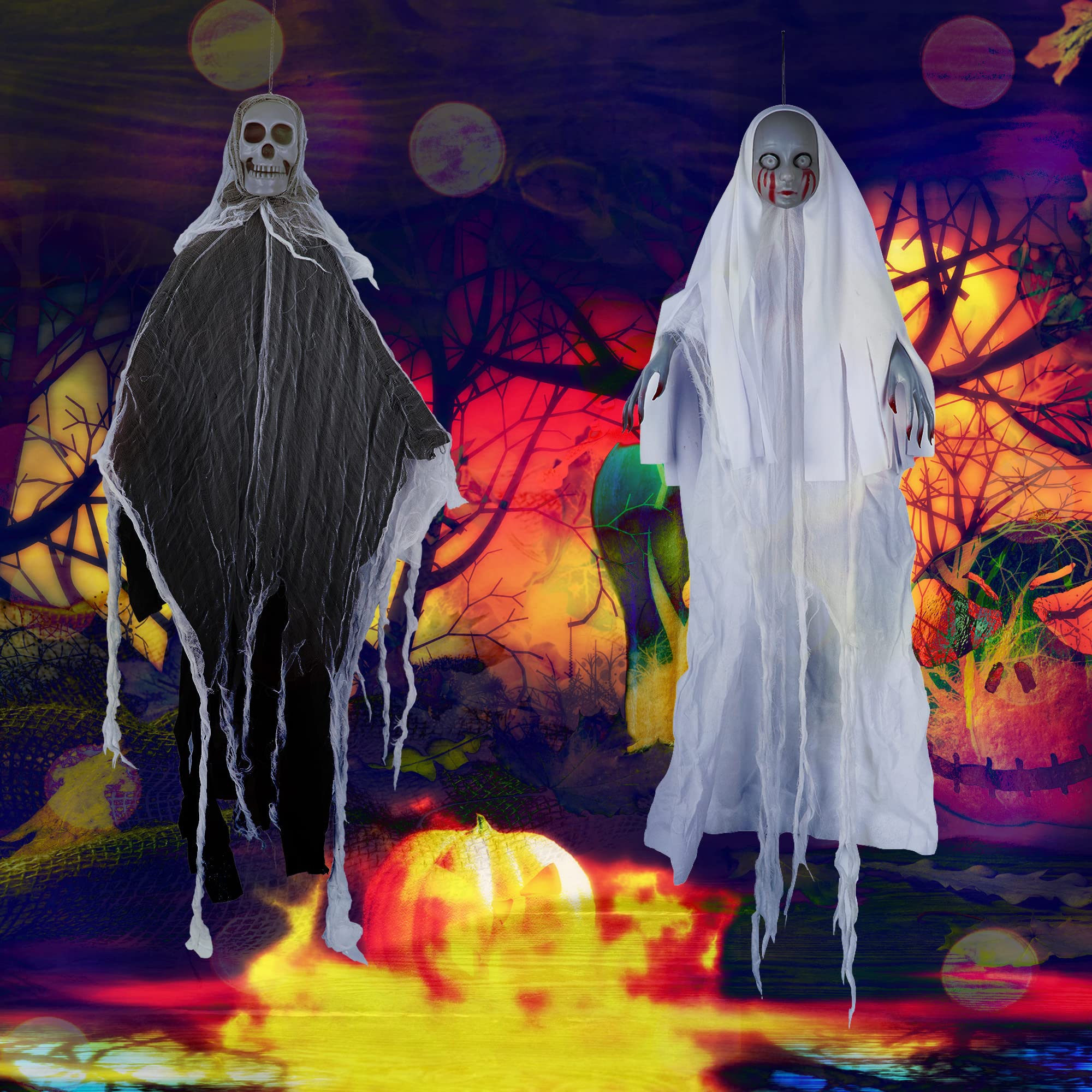 Halloween Scary Hanging Skeleton Ghost Grim Reaper Flying Ghost Halloween Decorations Outdoor Party Supplies,2 Pack