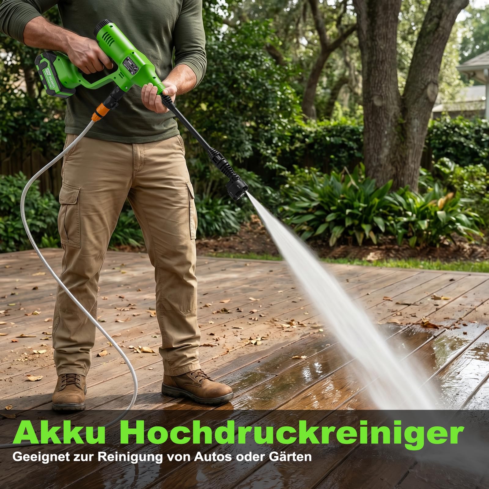 Akku Hochdruckreiniger, Mobiler Druckreiniger mit 2 Akkus und Ladegerät, 6-in-1 Düse, 6M Schlauch Direktanschluss Wasserhahn und Flaschenanschluss für die Auto/Garten/Bewässerung