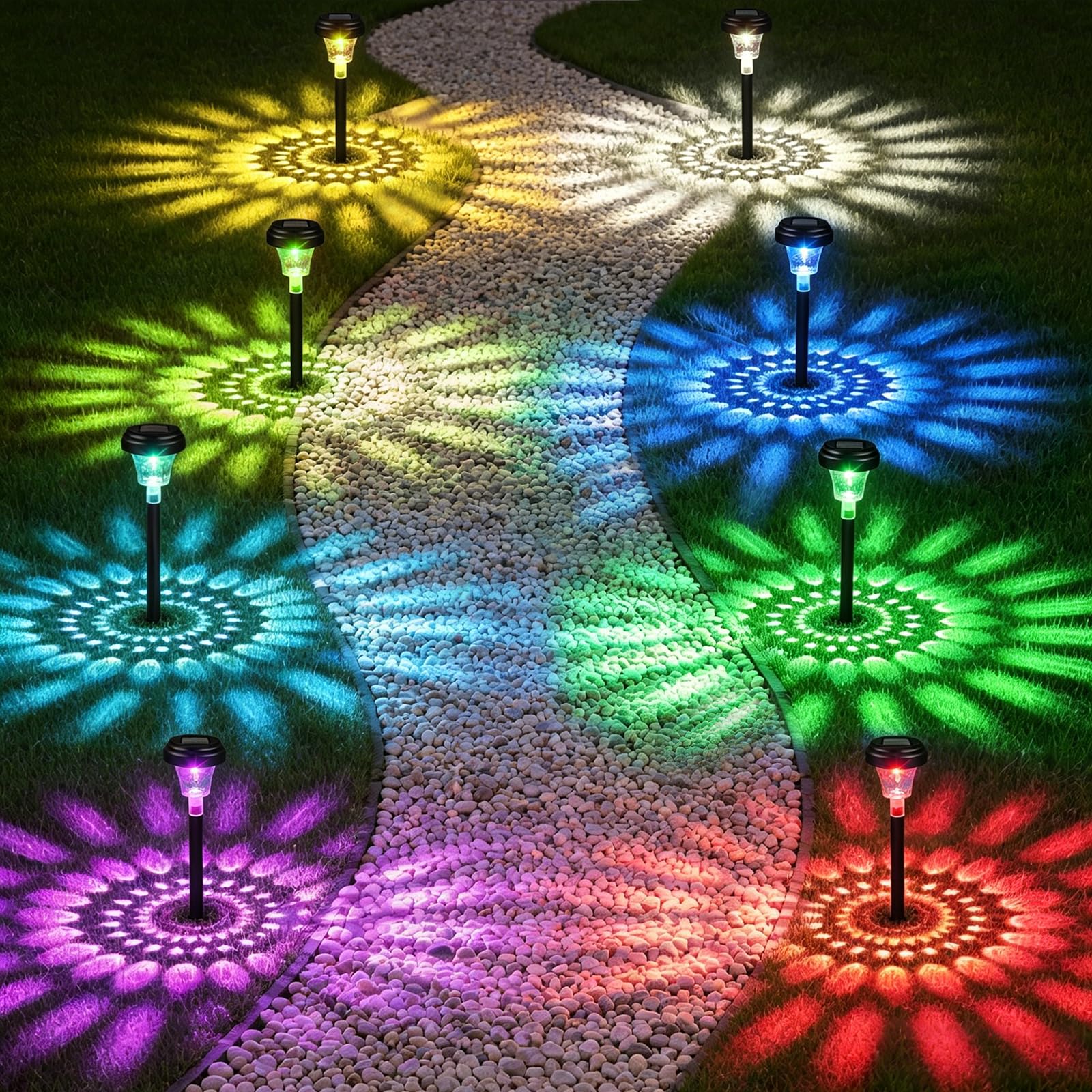 Akynite 8 Pezzi Luci Solari Multicolore da Esterno, Luce Solare da Giardino con 7 Colori RGB e Luce Calda, IP65 Impermeabile Luce Solare Esterno Multicolore, Faretti Solari per Giardino