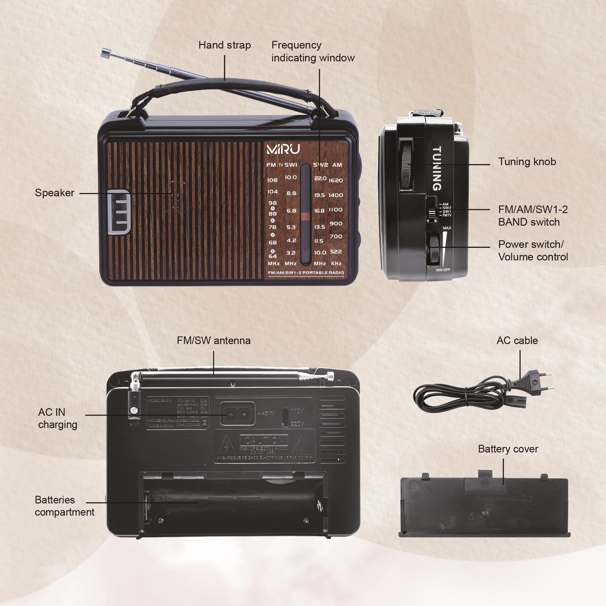 MIRU Radio Portatile AM/FM/SW SR-1021 con USB, Antenna Telescopica, 220V, Nero Legno