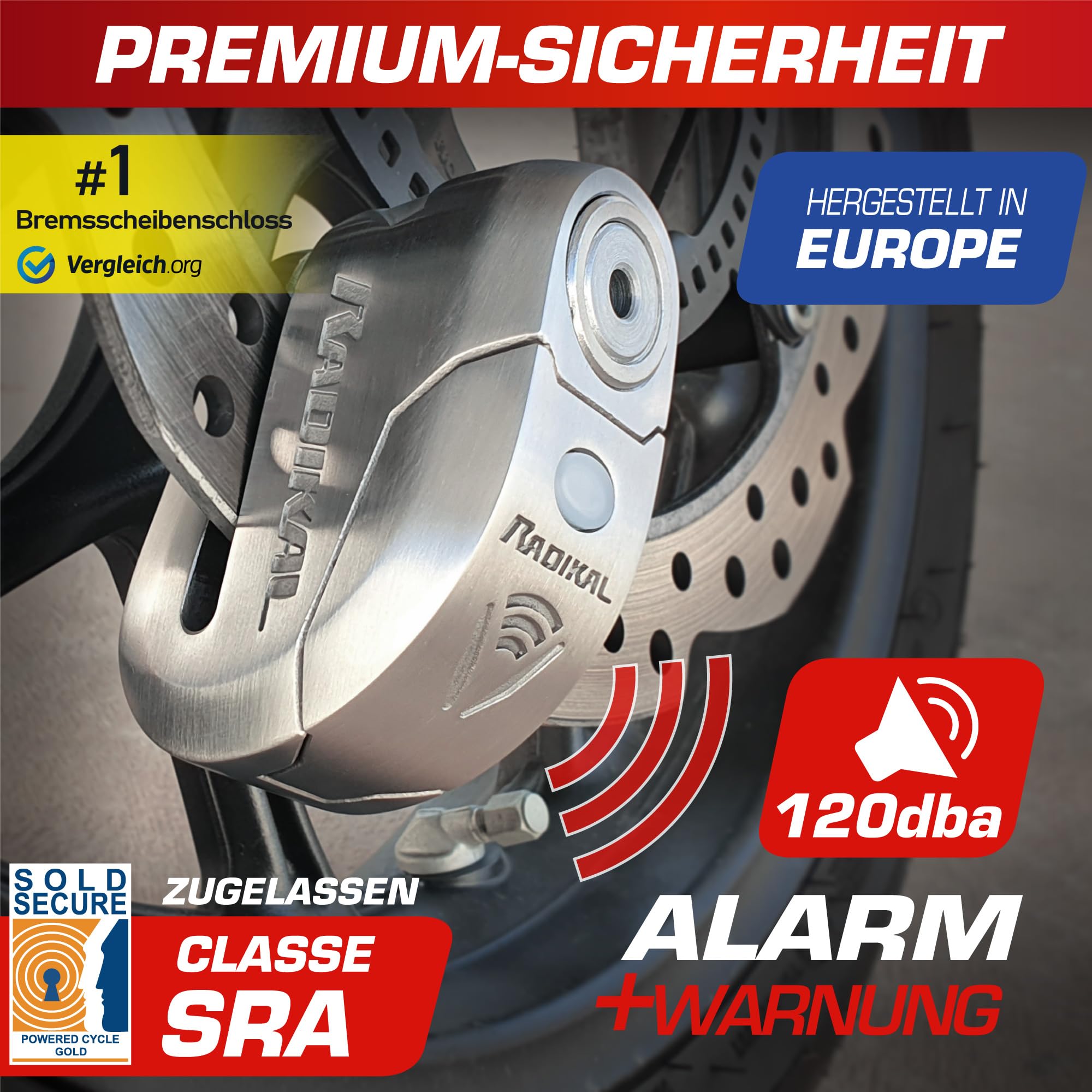 RADIKAL RK14S Bremsscheibenschloss Premium mit Alarm | Aktivierung nach Wahl, 120 dB, LED Warnung Voralarm | Motorrad Schloss SRA-Zertifiziert, aus Edelstahl, Doppelverriegelung Ø14, INOX