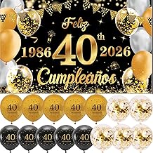 (1+15) 40th Birthday Decoration Written in Spanish 1 Banner Happy Birthday 40 Decoration 40 Years Black Gold Happy Bithday Background Banner with 15 Balloons for Birthday Ornaments Kit for Birthday