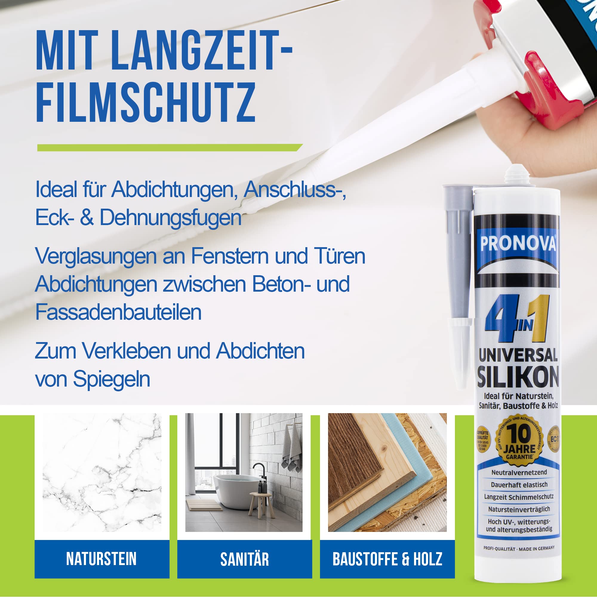 Set aus 6x Pronova 4 in 1 Silikon in Manhatten, Universal Silikon ideal für Sanitär, Naturstein & Holz für außen und innen