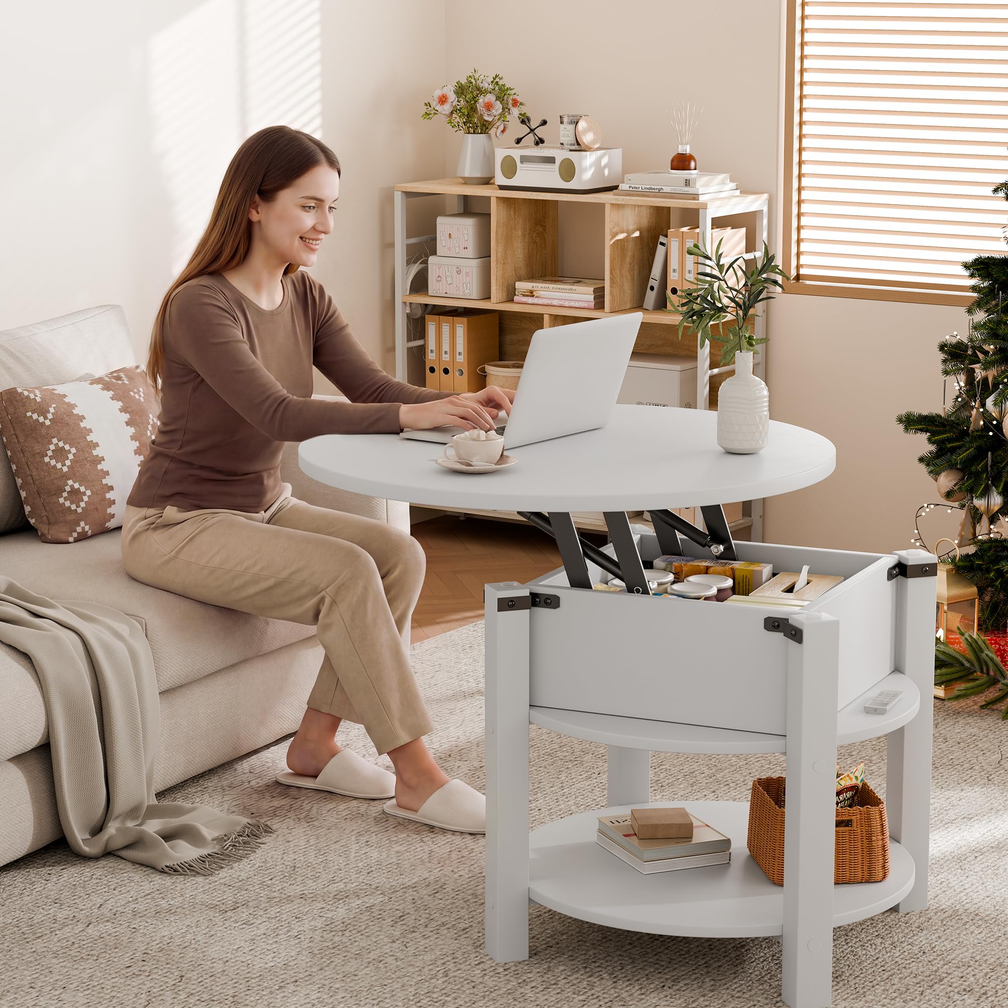 ELUCHANG Couchtisch Rund mit Hebeplatte, Couchtisch Höhenverstellbarer 2 in 1, Beistelltisch Wohnzimmertisch mit Verstecktem Ablagefach Stauraum, Offenem Fach, für Wohnzimmer/Büro, 60x60cm, Weiß Küche, Haushalt & Wohnen
