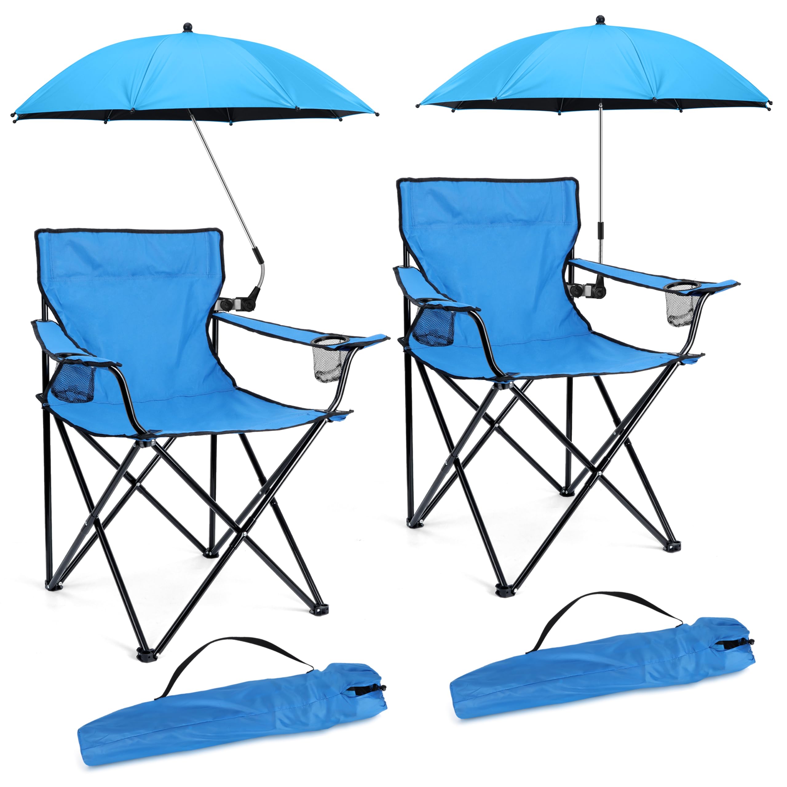 HaSteeL 2PCS Camping Chairs with Detachable Umbrella, Folding Beach Chair for Adults, Large Portable Foldable Chair for Outdoors Fishing Hiking Travel Picnic Lawn, Supports 275lbs, Storage Bags, Blue