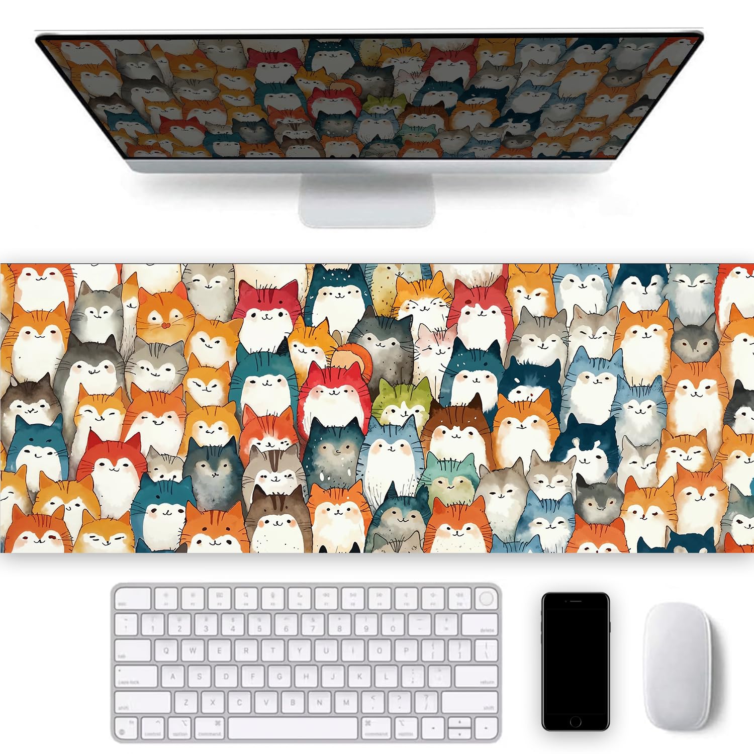 Colorful Cute Cats Large Gaming Mouse Pad, Cute Desk mat, XL Kawaii Mouse Pad, Gaming Desk Mat, Mousepad Desk Pad with Non-Slip Base and Stitched Edges, Office Desk Accessories,31.5” x 11.8”