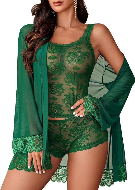 3 Piece Lingerie Set Lace Cami Short Set with Robe Mesh Sleepwear