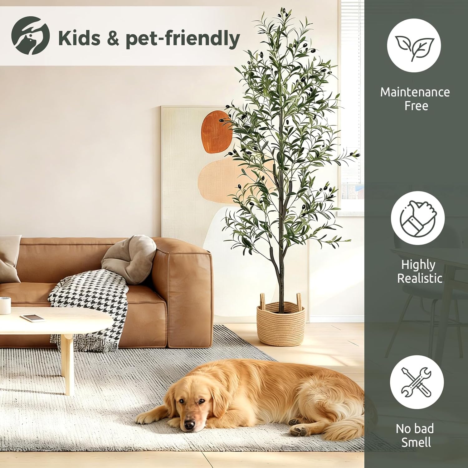 Olive Trees Artificial Indoor 6FT, Faux Olive Tree with Woven Basket & Natural-Looking Wood Trunk, Realistic Leaves & Fruits, Maintenance-Free Tall Fake Olive Tree for Modern Home Office Decor