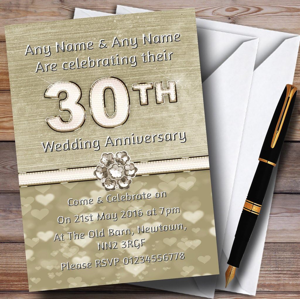 Titanium Gold and White 30Th Personalized Anniversary Party Invitations