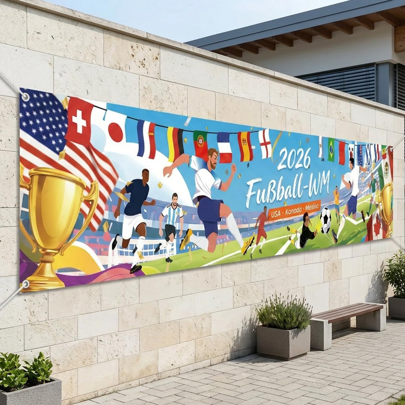 World Cup Football 2026 Decorations, World Cup 2026 Decorations, World Cup Flags for Outdoor Garden Decor and Indoor Wall Display, 300x50cm Banner with Rope