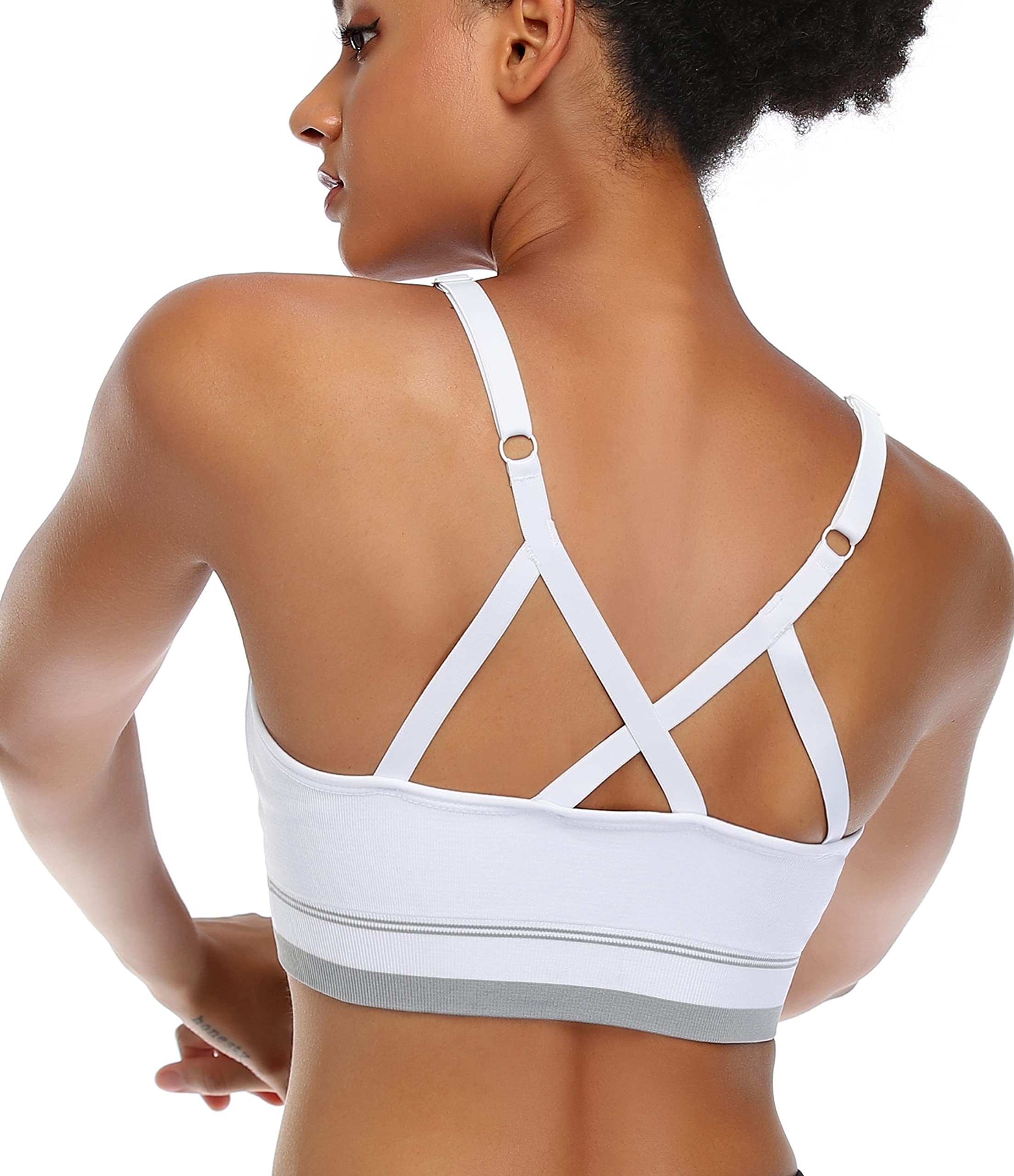 ANGOOL Strappy Sports Bra for Women, Longline Medium Support Yoga Bra Wirefree Padded Sports Bra with Adjustable Straps
