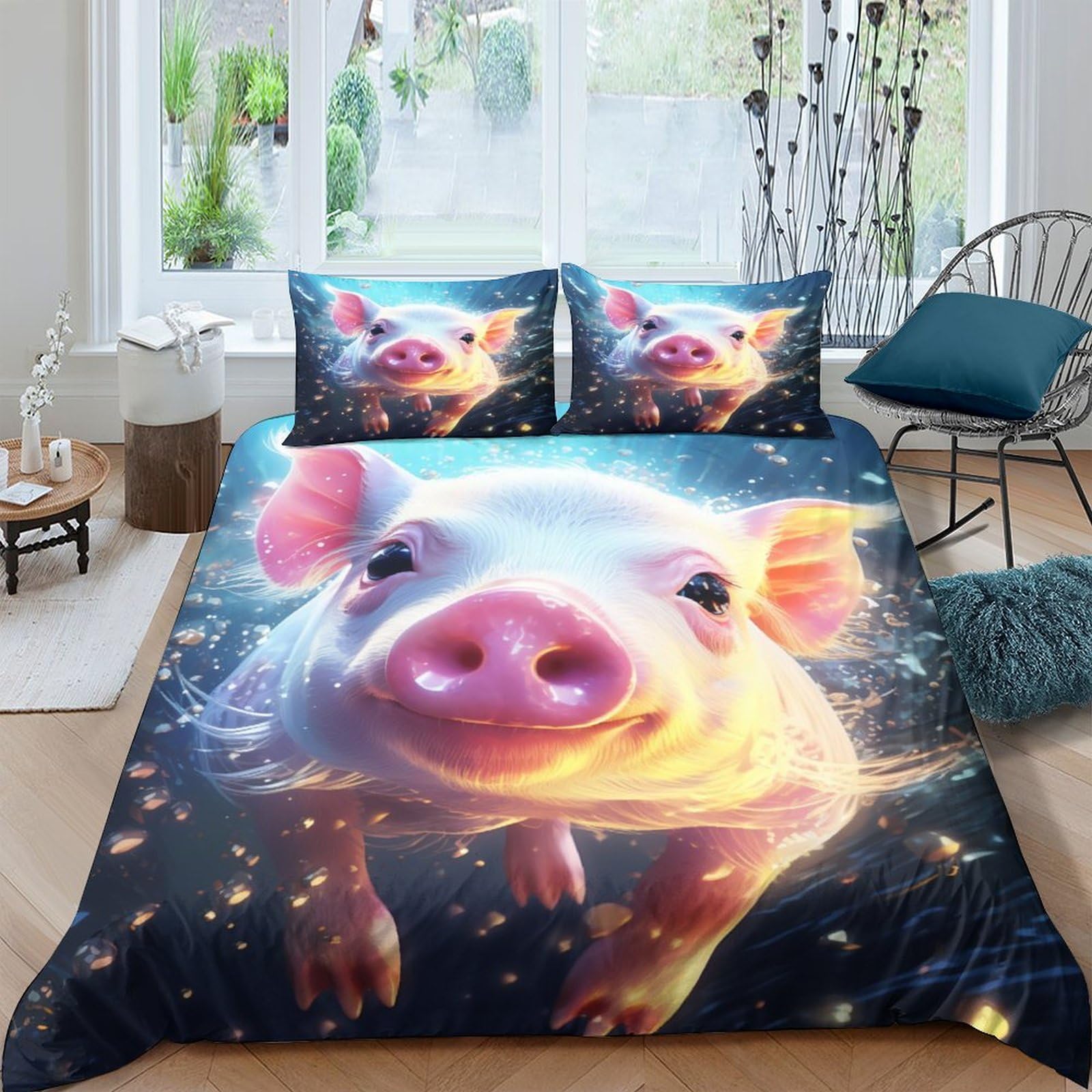 Housse de couette 200x200 cochon fermeture éclair anti-glissement