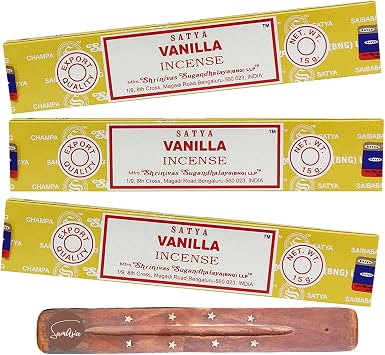 Satya Nag Champa Vanilla Incense Sticks | x3 pack | with SAMASIA incense sticks holder | Used for Aromatherapy, Spa, Yoga, Weddings, Meditation, Healing, Positivity and Relaxation