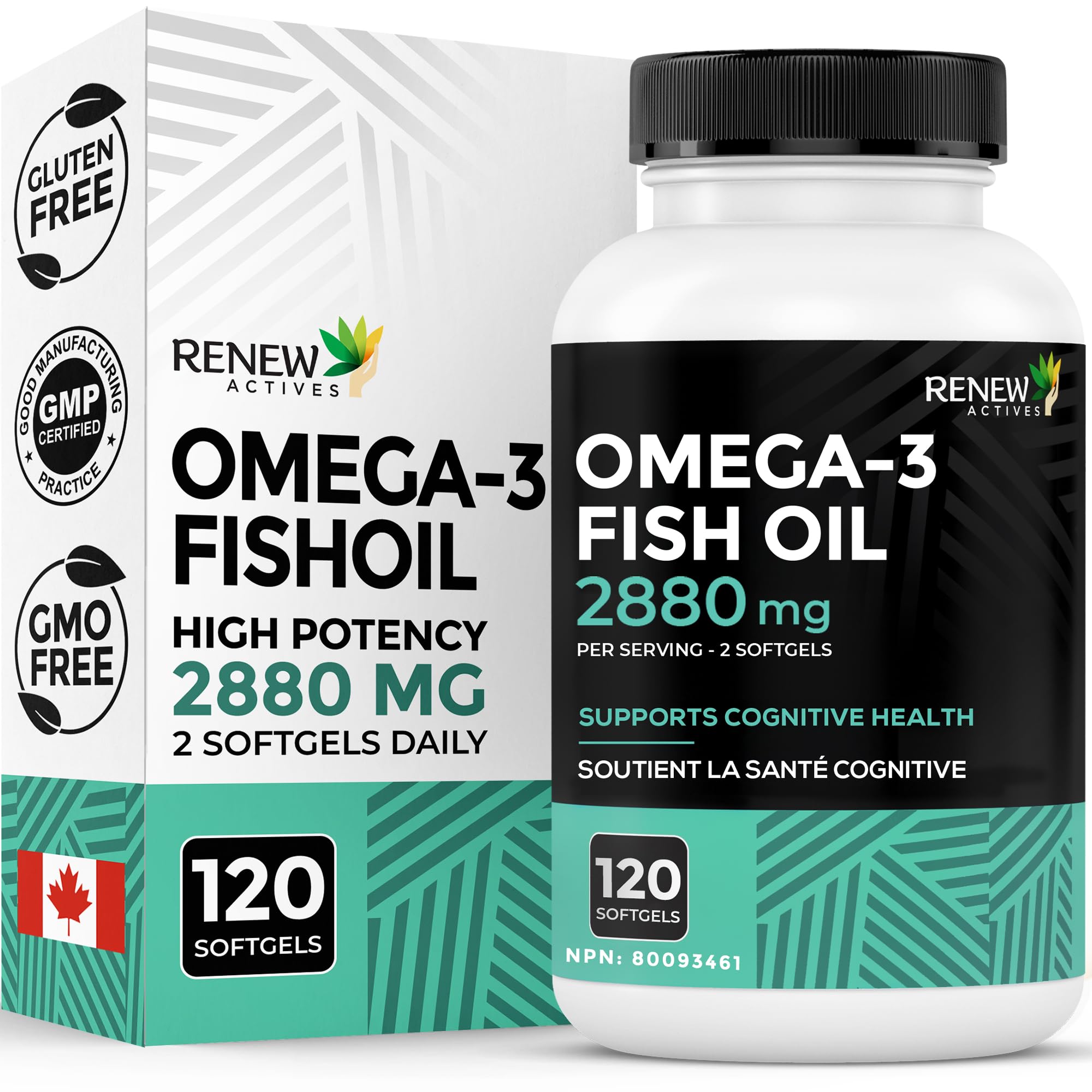 Renew Actives Omega-3 Fish Oil 2400MG per 2 Softgels - 720MG EPA & DHA - Supports Heart, Brain, Eye Health, & Triglyceride Reduction - No Fishy Aftertaste - Made in Canada - 120 Softgels