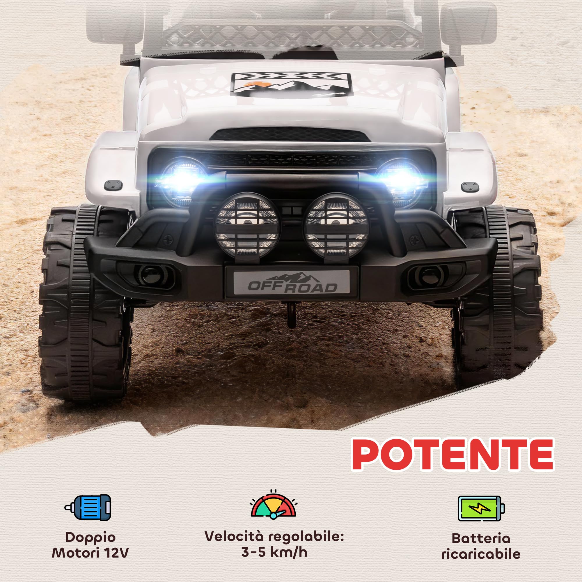 AIYAPLAY Macchina Elettrica per Bambini 3-5 Anni, 12V Fuoristrada Auto Elettrica per Bambini con 2 Motori, Sospensioni, Telecomando, USB, Musica, Wireless, Cintura, Fari e Clacson, 3-5 km/h, Bianco
